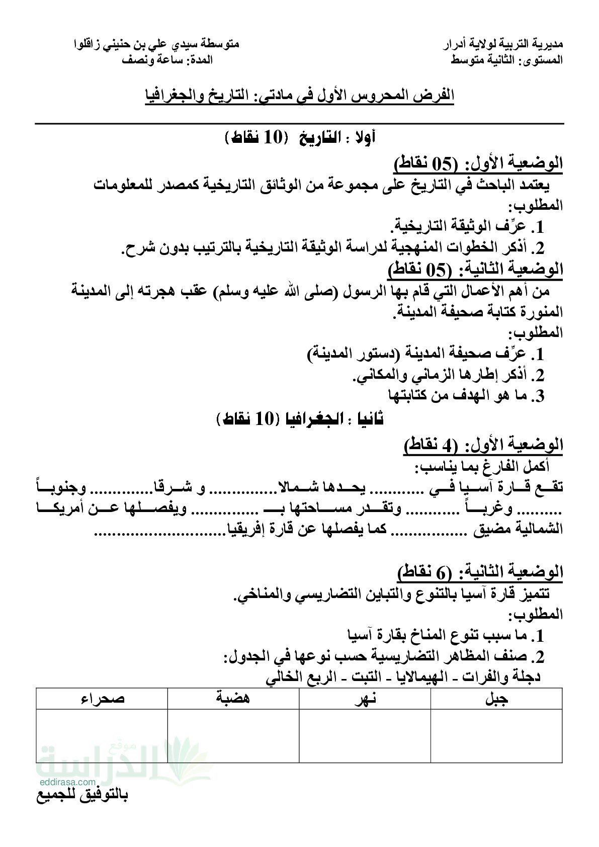 فرض في التاريخ والجغرافيا الفصل الأول السنة الثانية متوسط رقم 42