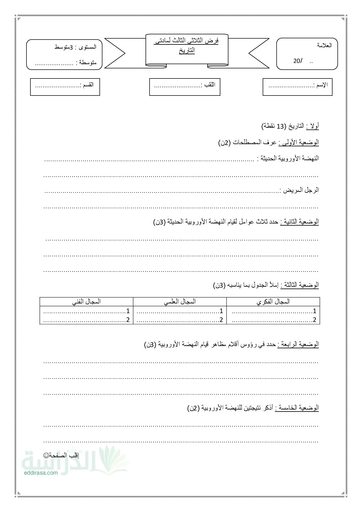 فرض في التاريخ والجغرافيا الفصل الثالث السنة الثالثة متوسط رقم 8