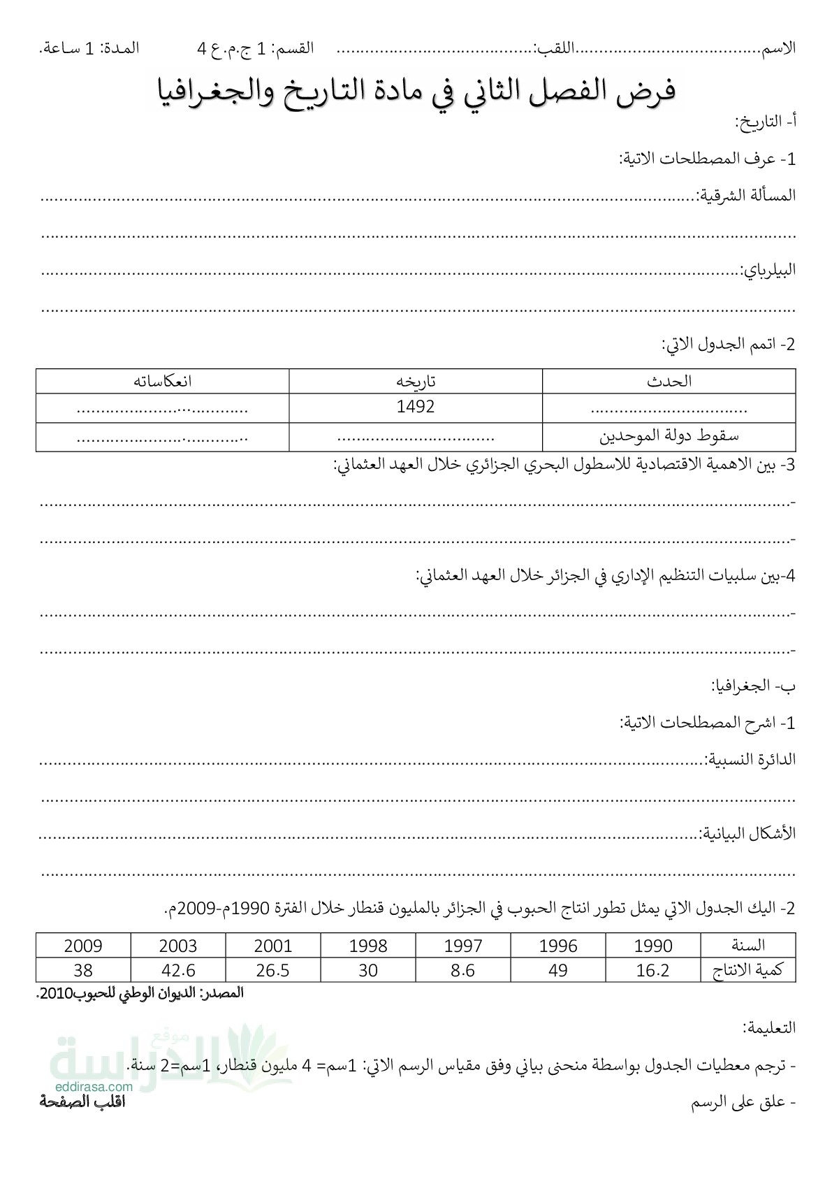 فرض في التاريخ والجغرافيا الفصل الثاني السنة الأولى ثانوي ج م ع رقم 13