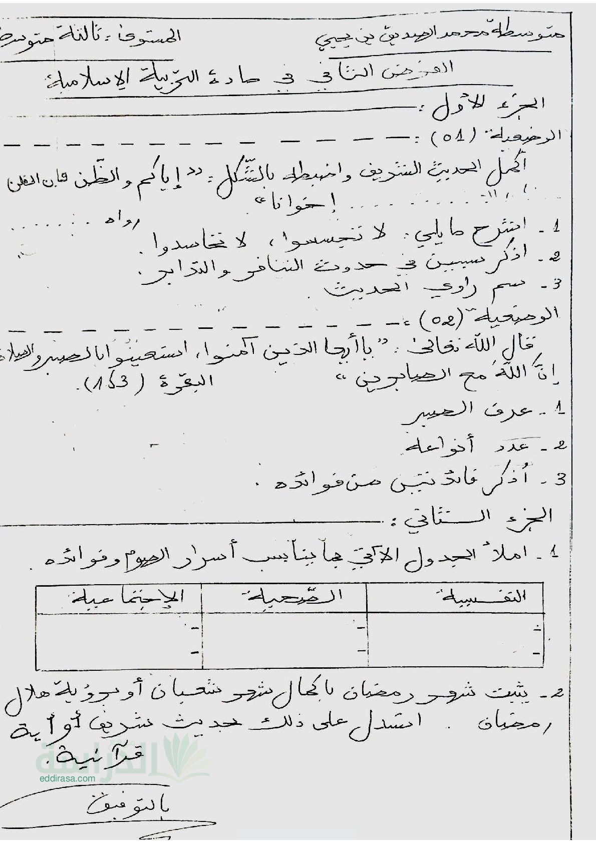 فرض في التربية الإسلامية الفصل الثاني السنة الثالثة متوسط رقم 17