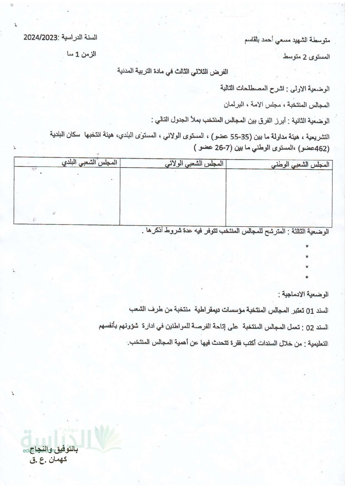 فرض في التربية المدنية الفصل الثالث السنة الثانية متوسط رقم 7