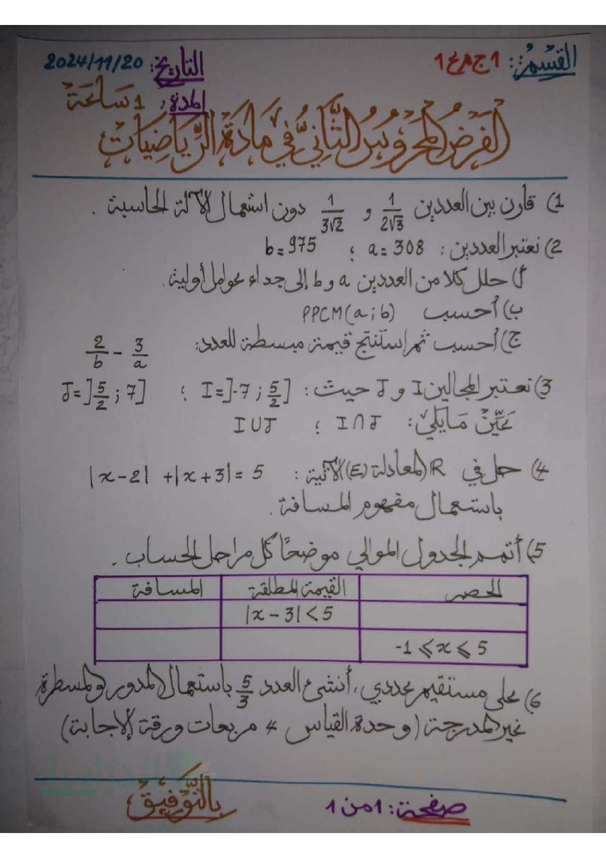 فرض في الرياضيات الفصل الأول السنة الأولى ثانوي ج م ع رقم 143 مع التصحيح