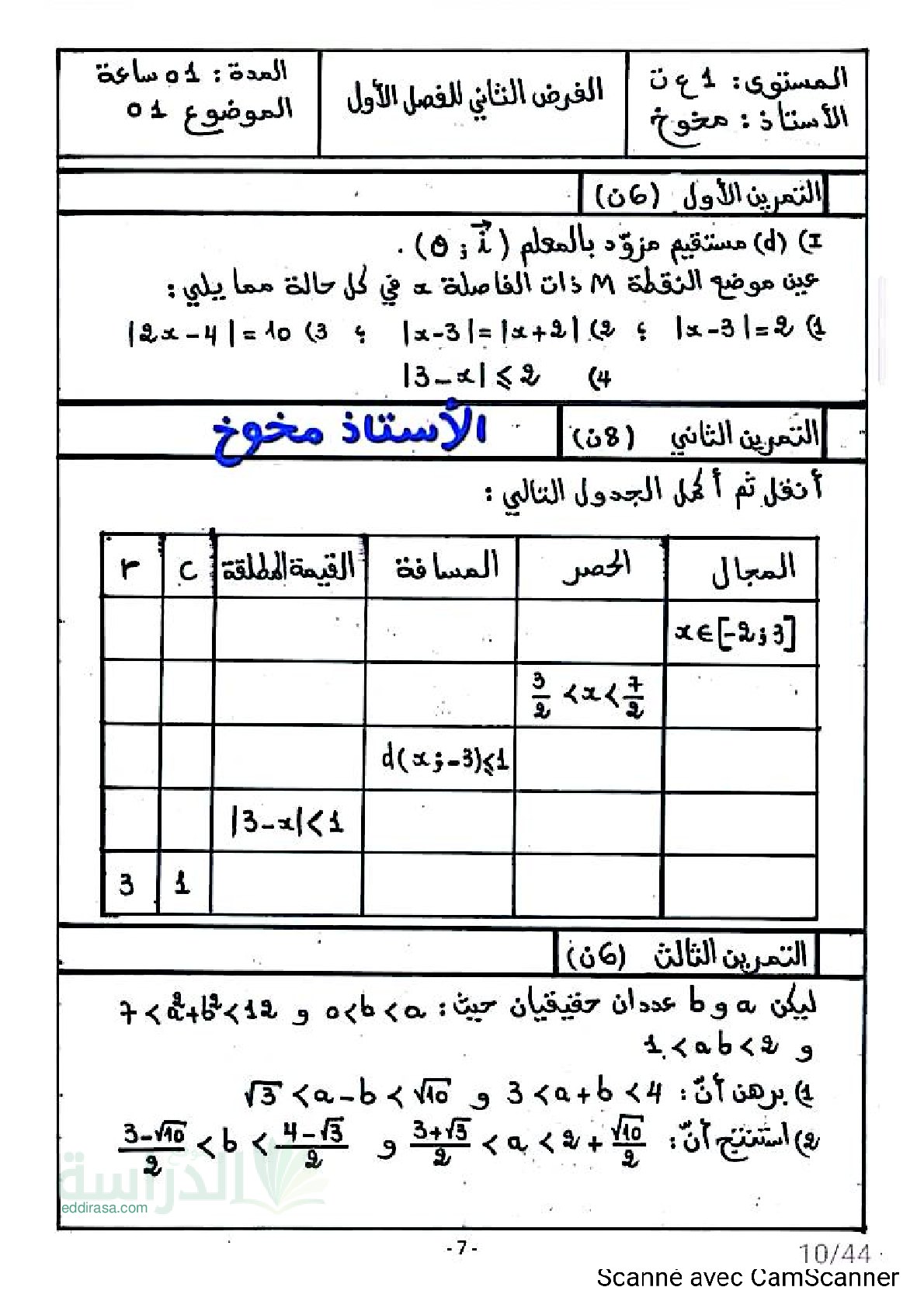 فرض في الرياضيات الفصل الأول السنة الأولى ثانوي ج م ع رقم 160 مع التصحيح