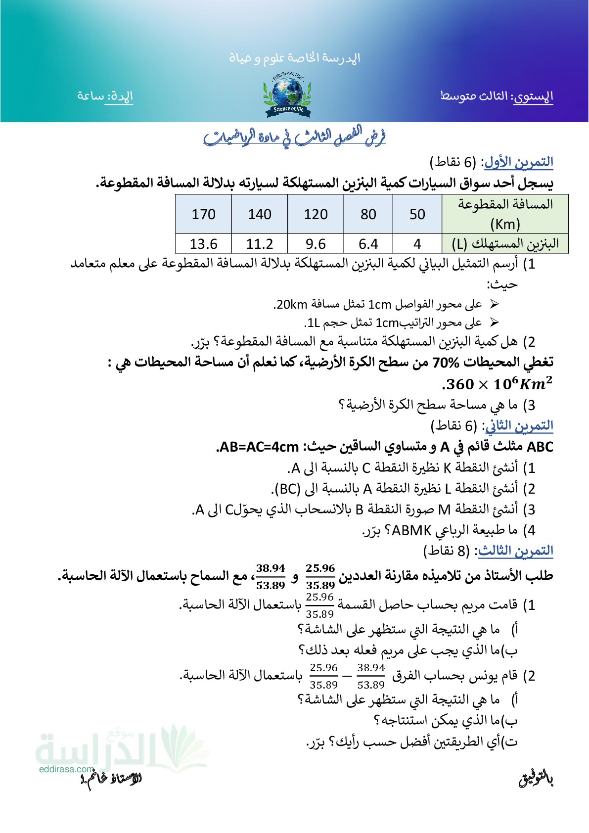 فرض في الرياضيات الفصل الثالث السنة الثالثة متوسط رقم 29