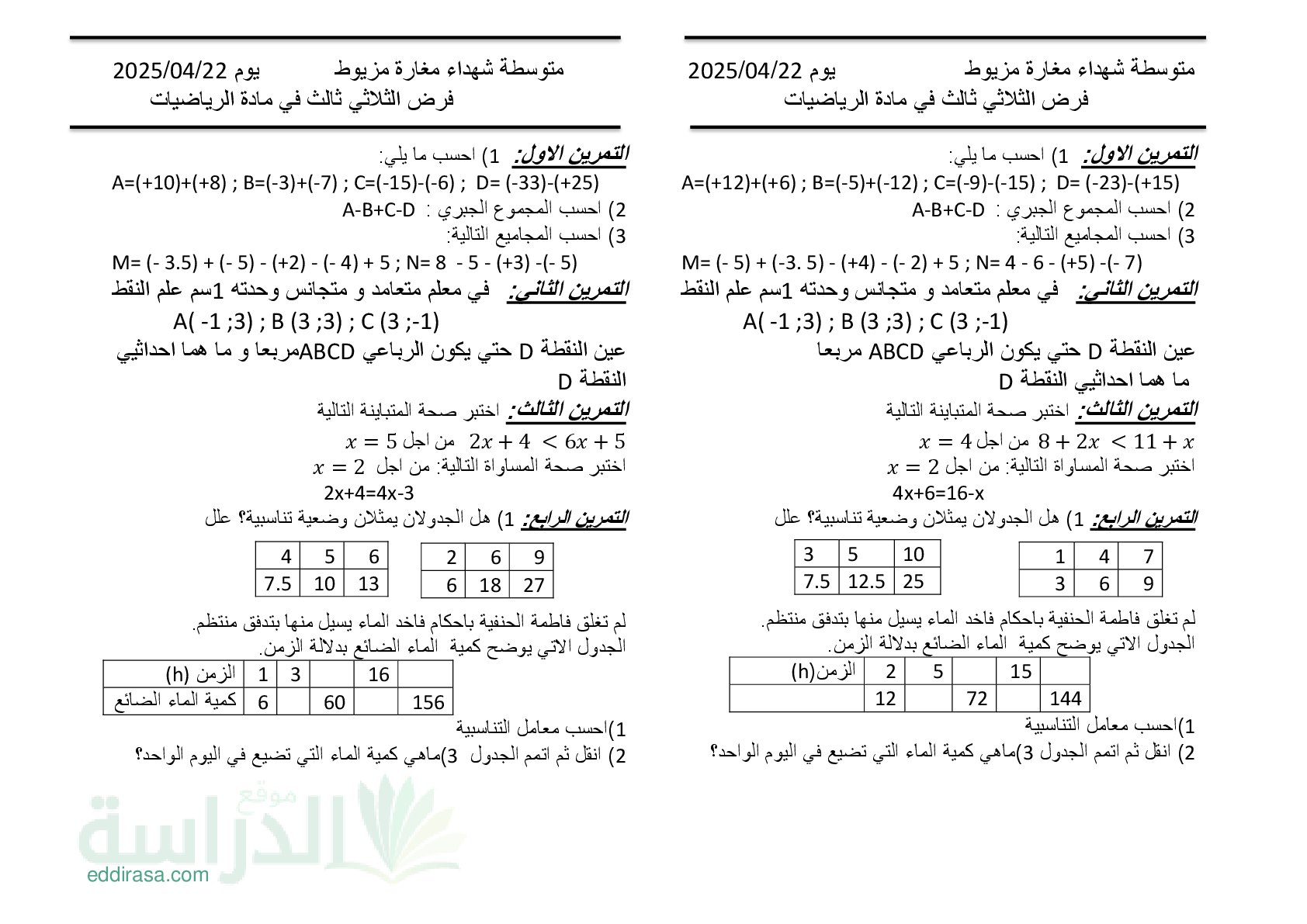 فرض في الرياضيات الفصل الثالث السنة الثانية متوسط رقم 22