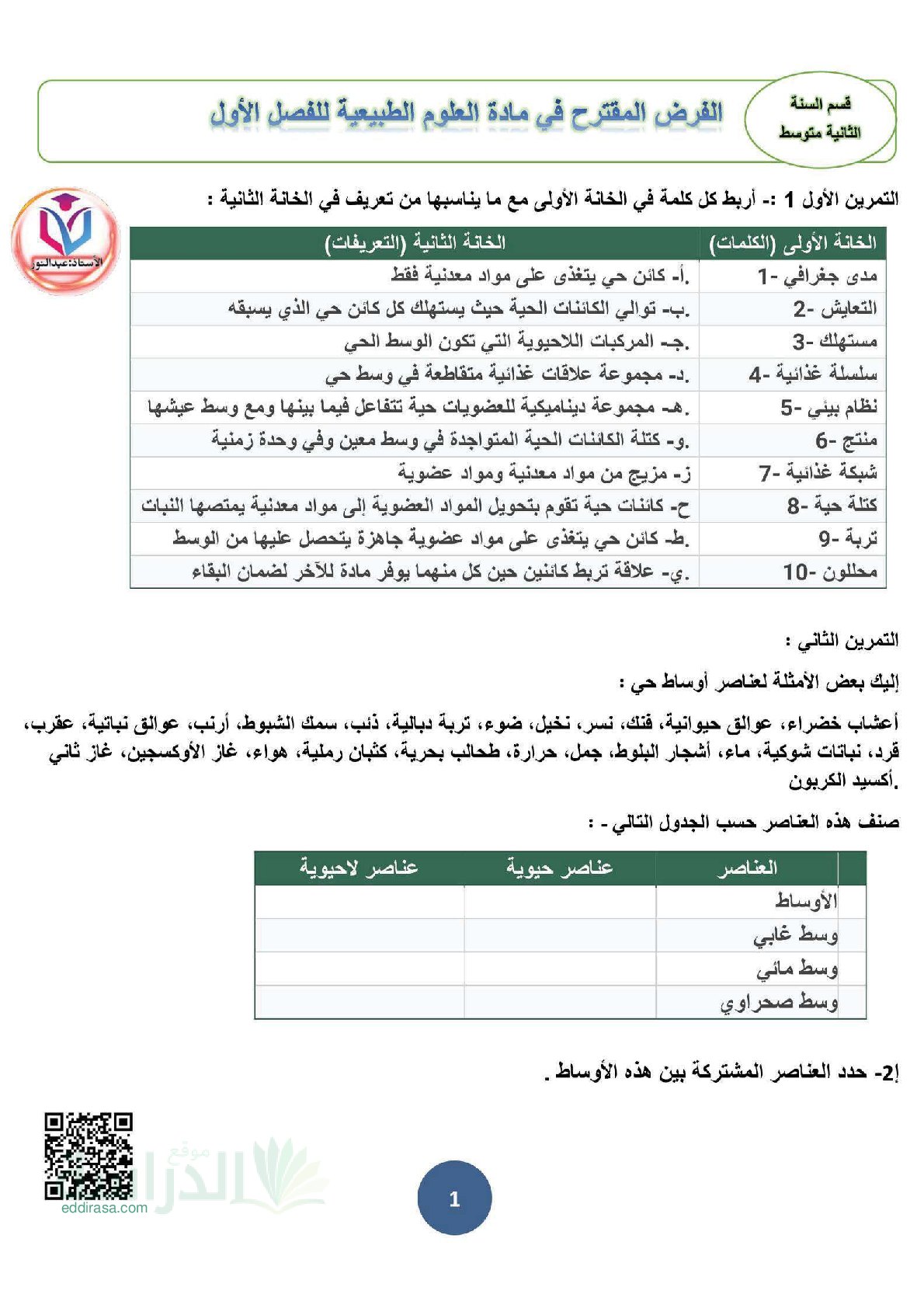 فرض في العلوم الطبيعية الفصل الأول السنة الثانية متوسط رقم 70