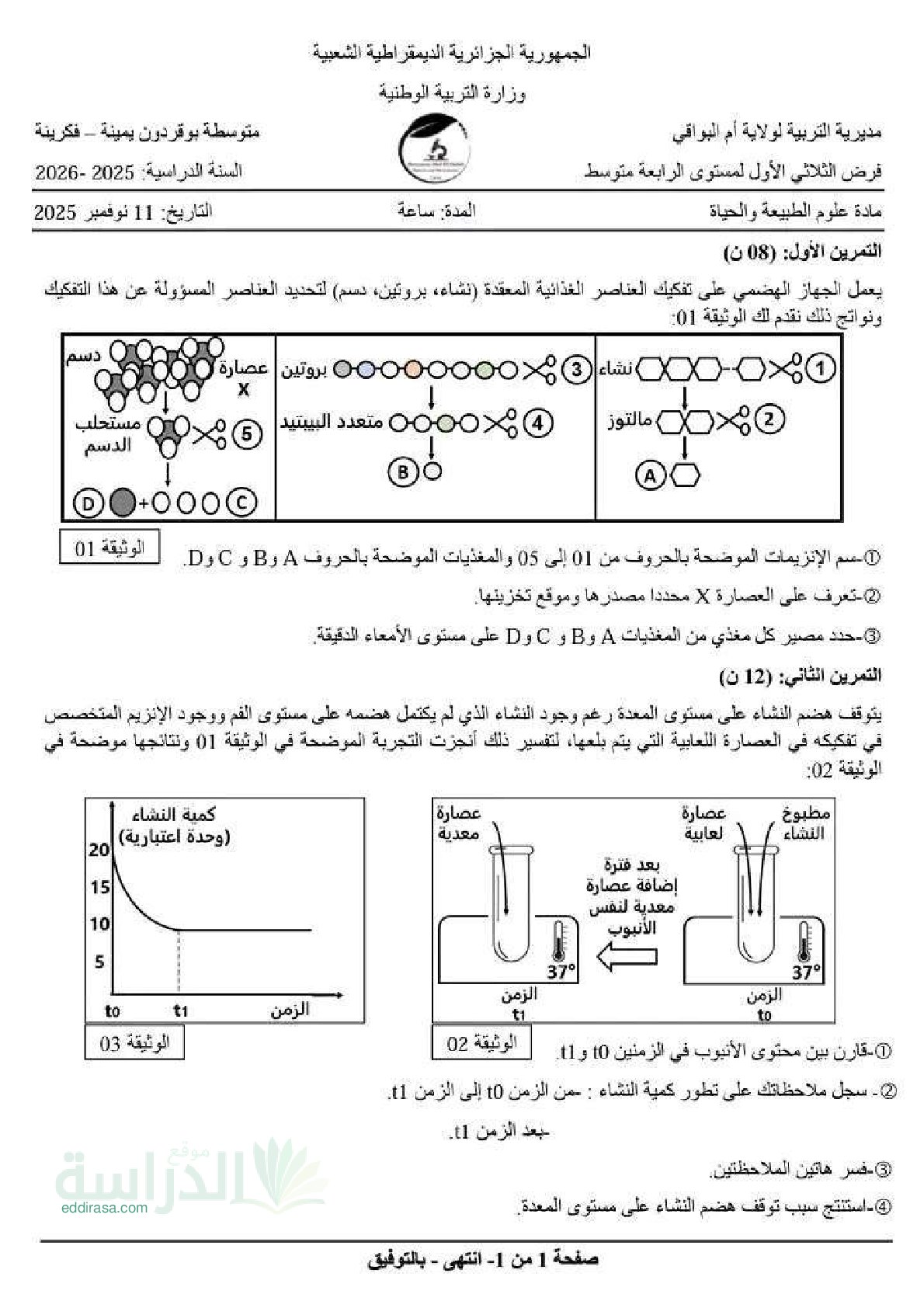 فرض في العلوم الطبيعية الفصل الأول السنة الرابعة متوسط رقم 55