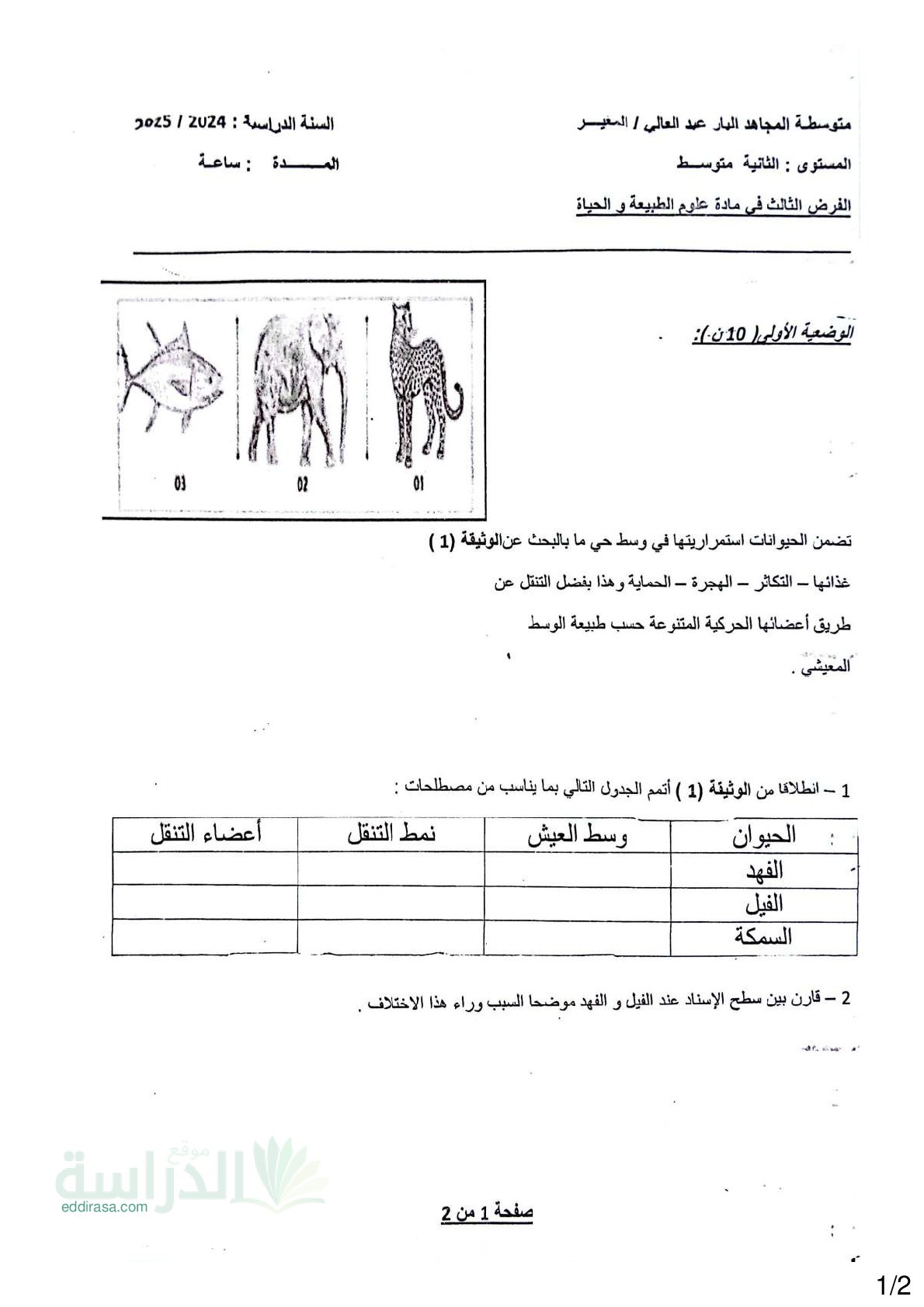 فرض في العلوم الطبيعية الفصل الثالث السنة الثانية متوسط رقم 18