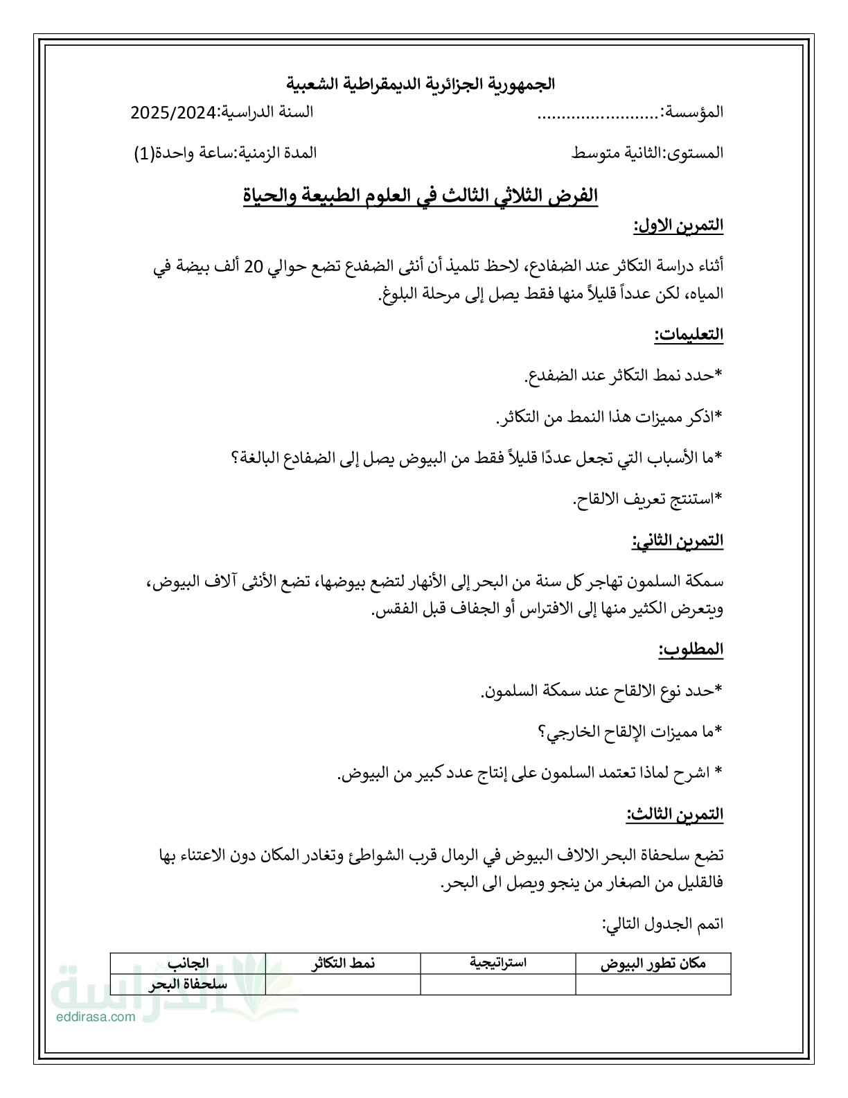 فرض في العلوم الطبيعية الفصل الثالث السنة الثانية متوسط رقم 19