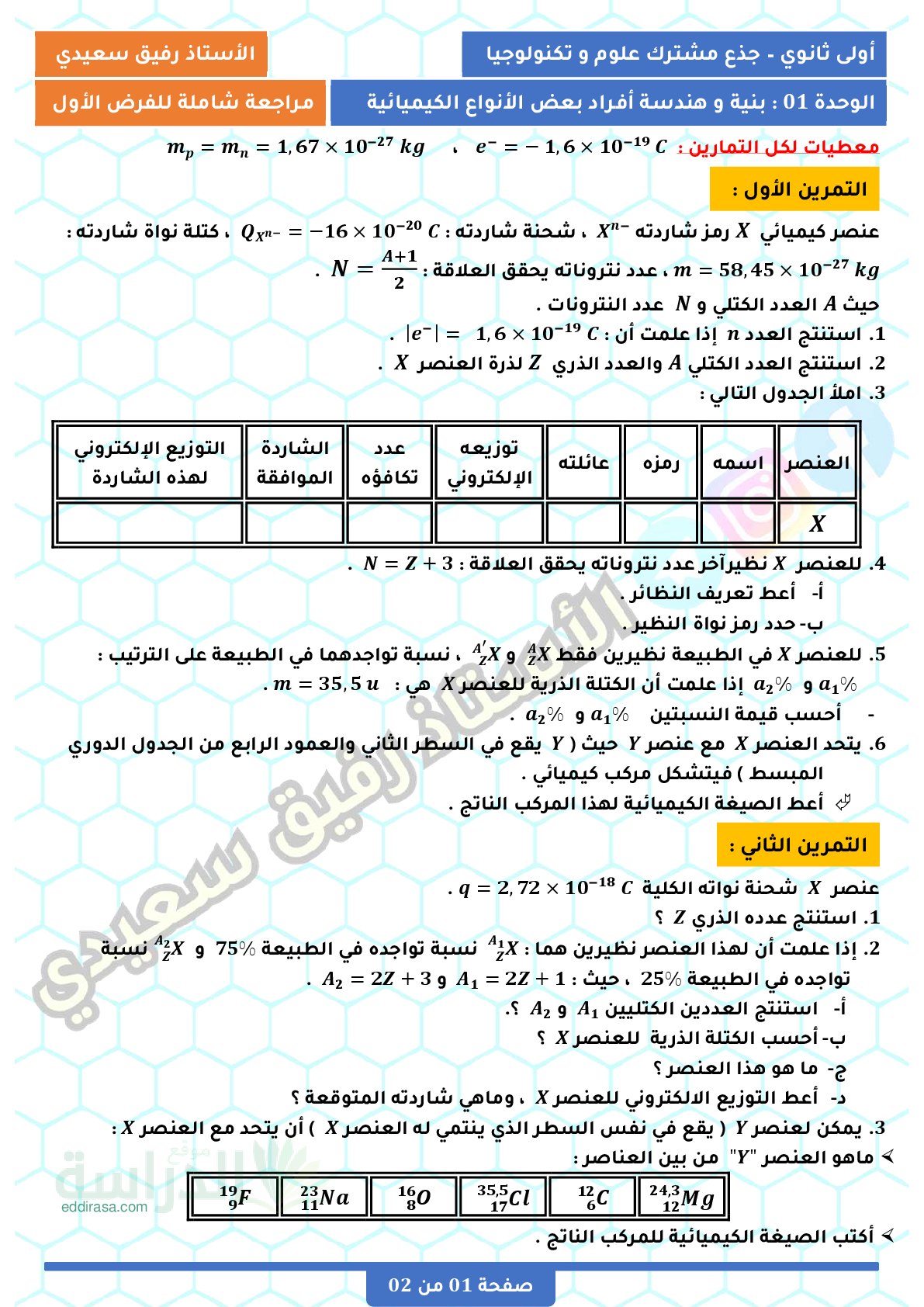 فرض في العلوم الفيزيائية الفصل الأول السنة الأولى ثانوي رقم 72