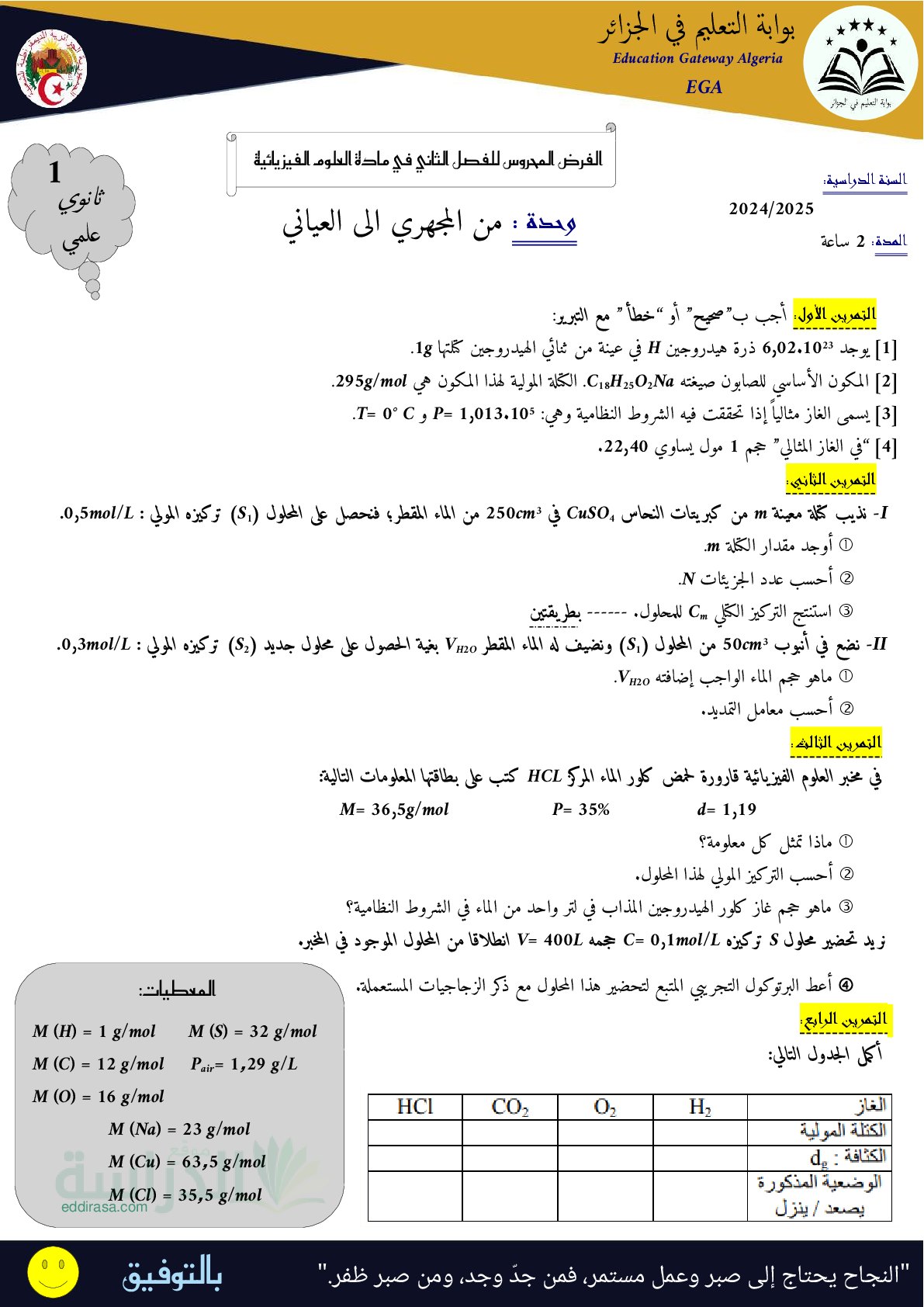 فرض في العلوم الفيزيائية الفصل الثالث السنة الأولى ثانوي رقم 15