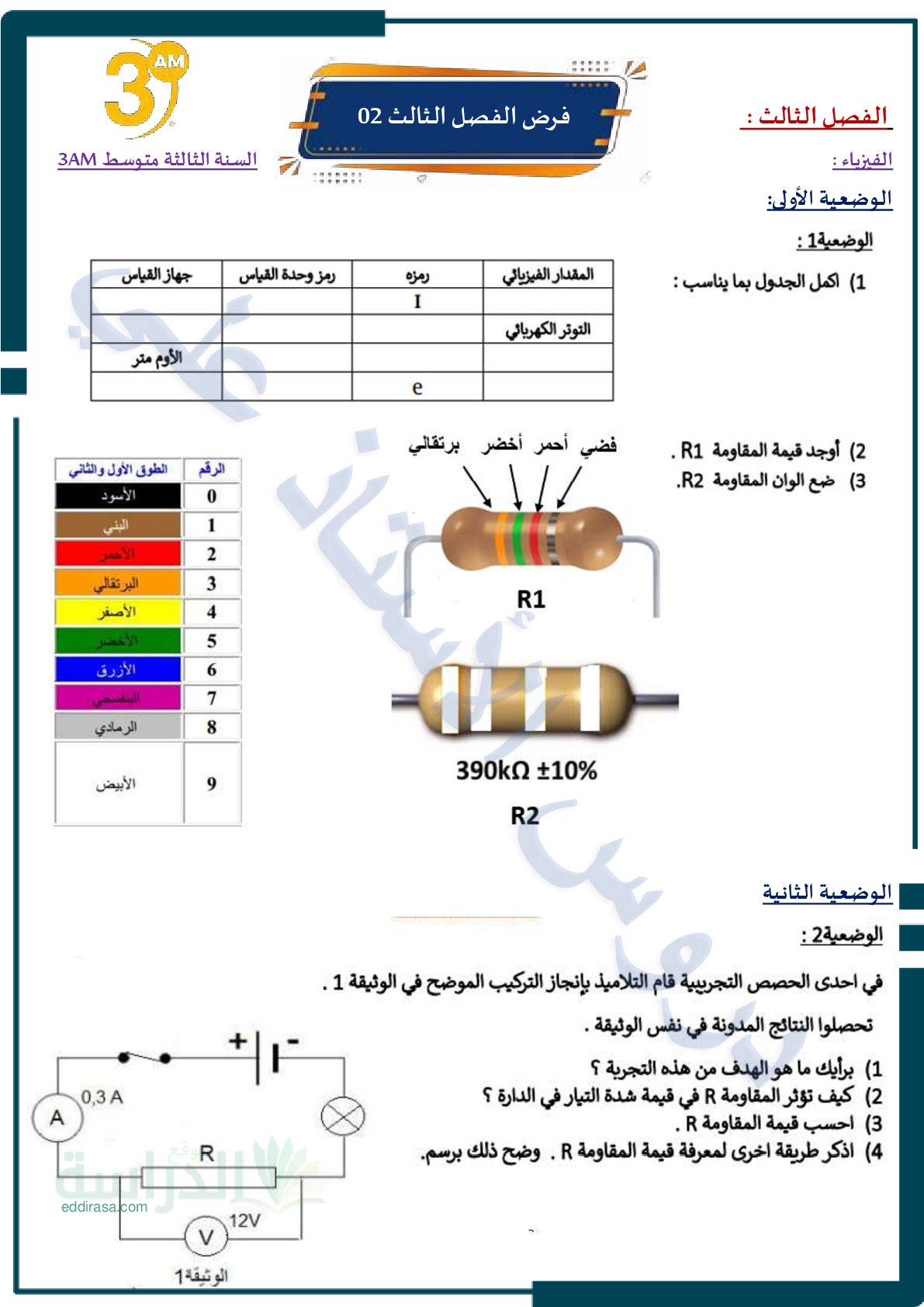 فرض في العلوم الفيزيائية الفصل الثالث السنة الثالثة متوسط رقم 24