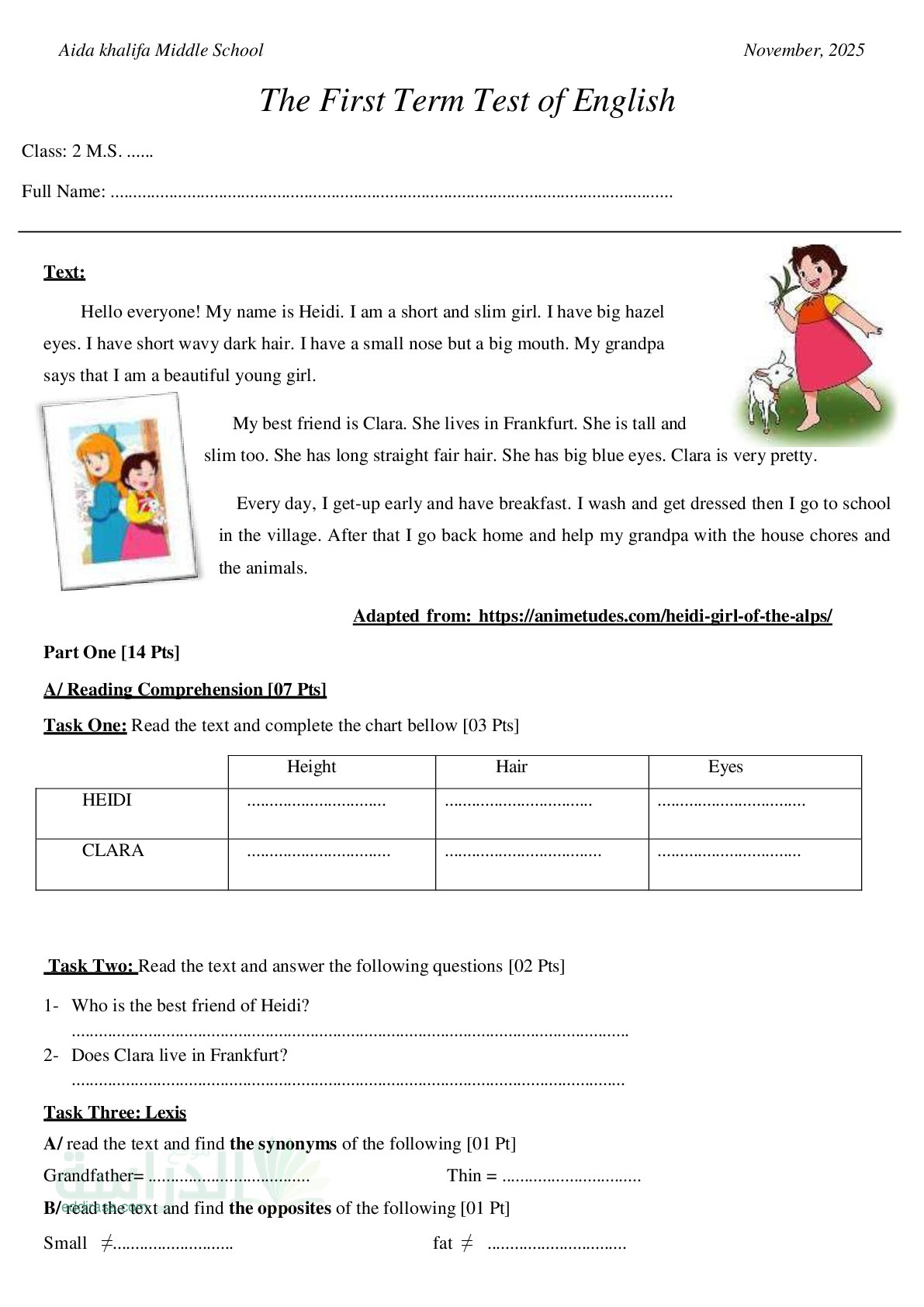 فرض في اللغة الإنجليزية الفصل الأول السنة الثانية متوسط رقم 83