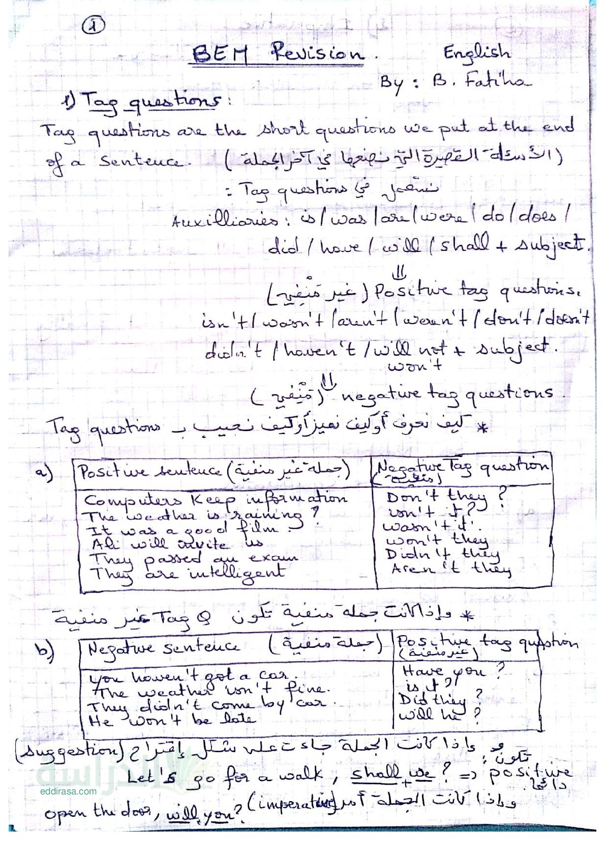مراجعة شاملة للبيام في اللغة الانجليزية مع الشرح بالعربية - سنة 4 متوسط