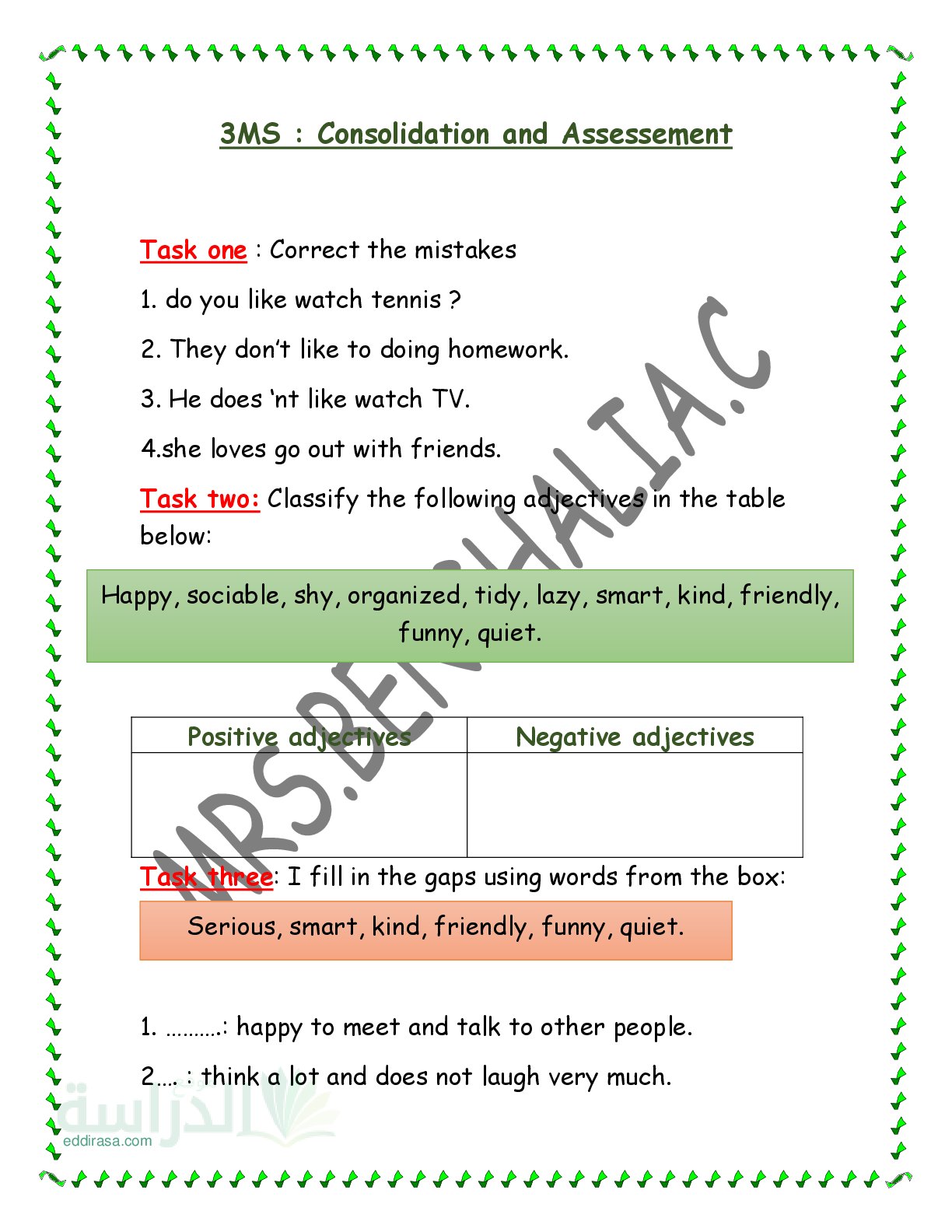 مراجعة في مادة اللغة الانجليزية سنة 3 متوسط Consolidation and assessement