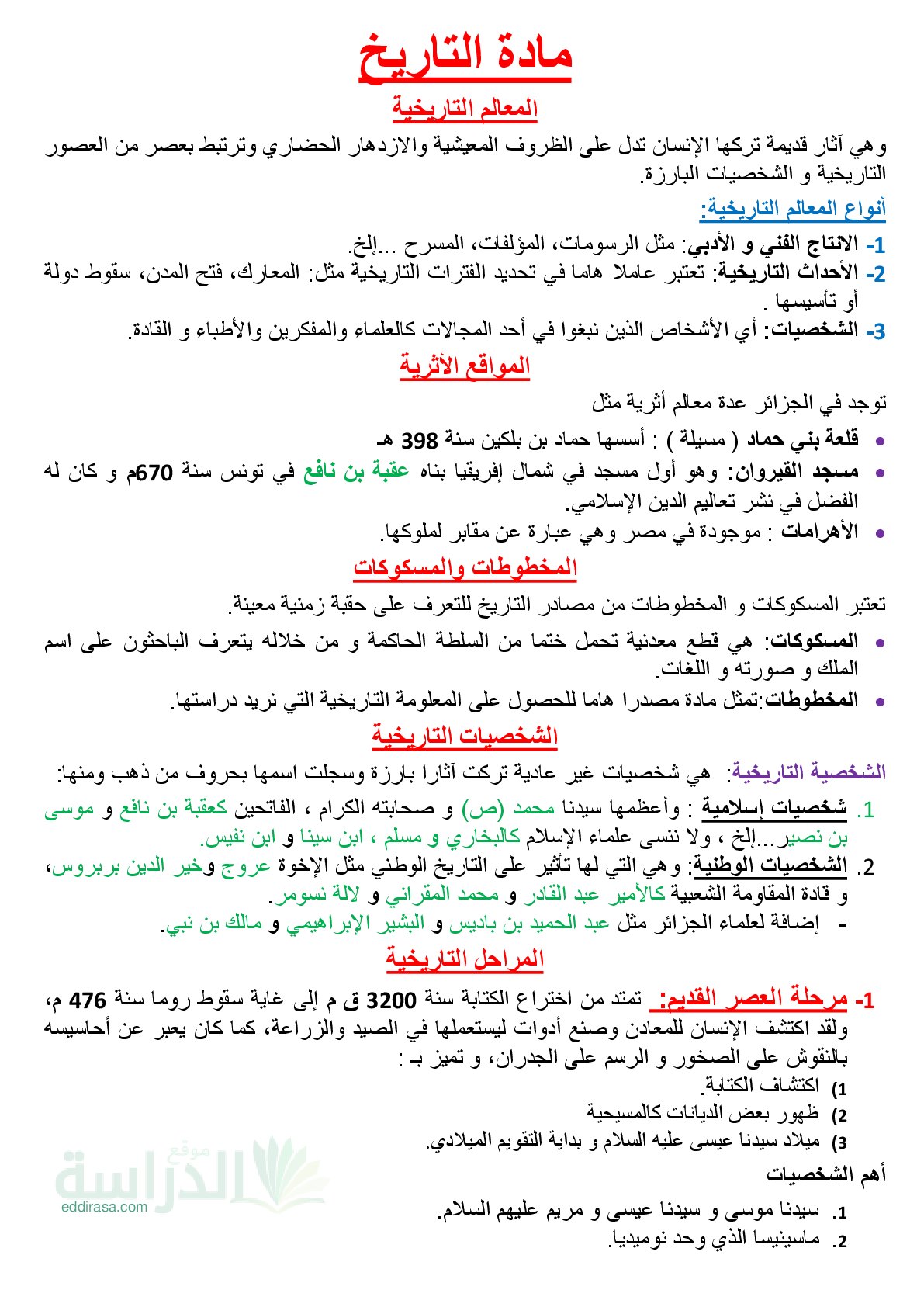 ملخصات دروس التاريخ للفصل الأول - سنة 5 ابتدائي