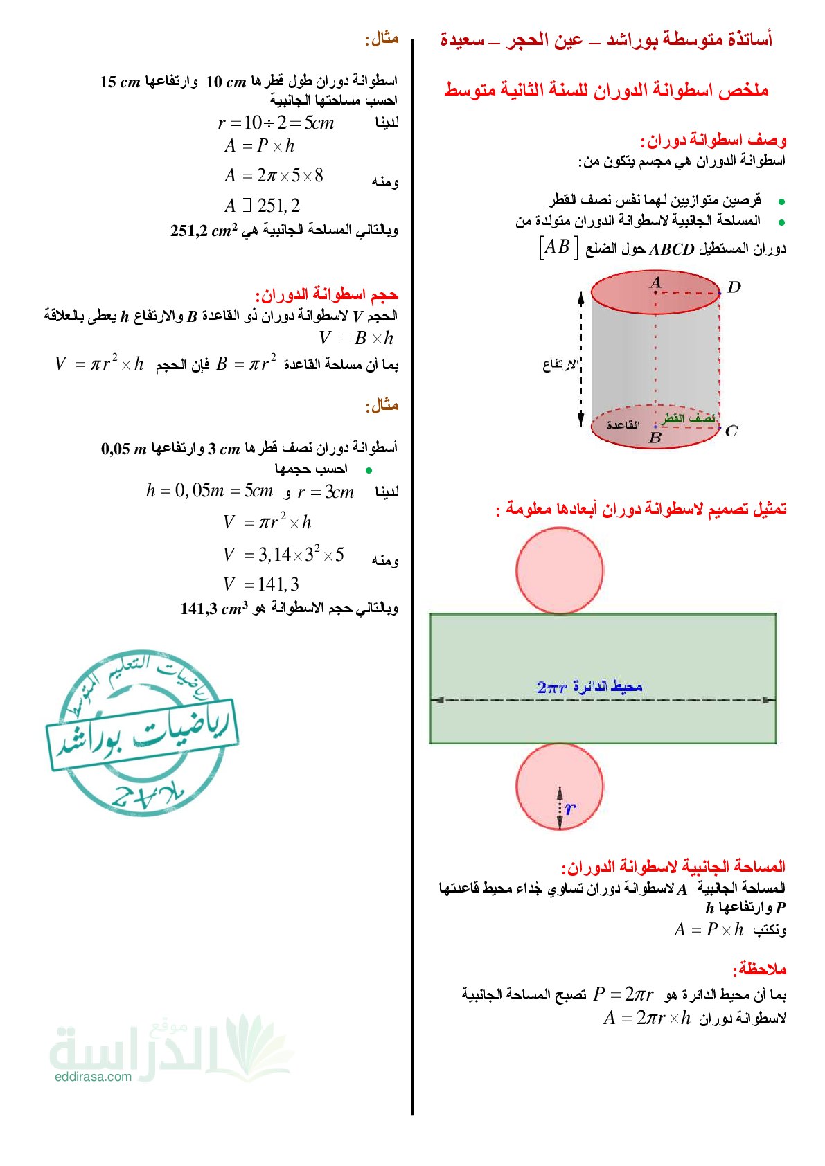 ملخص اسطوانة الدوران من متوسطة بوراشد سنة 2 متوسط
