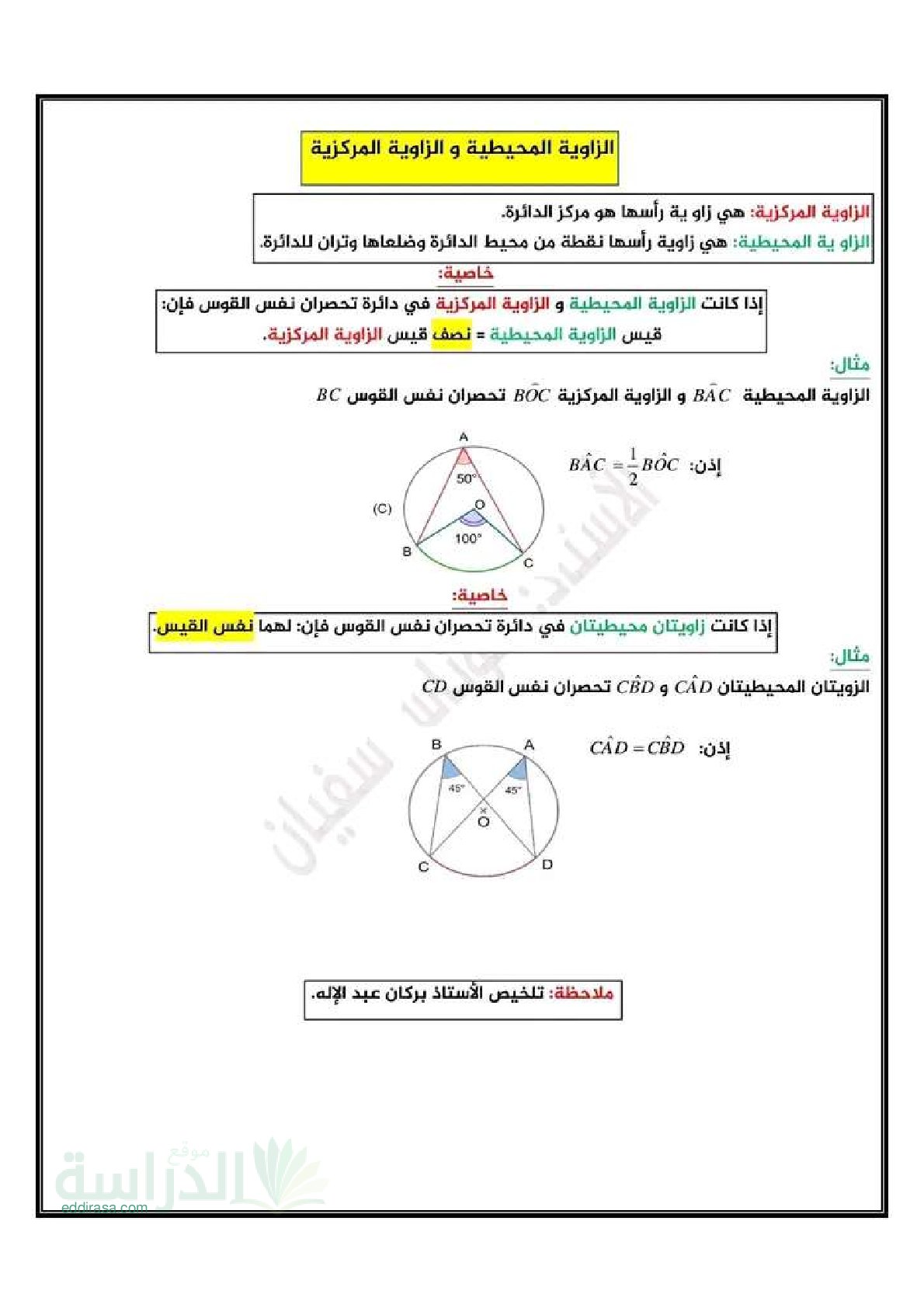 ملخص الزاوية المحيطية والزاوية المركزية - سنة 4 متوسط