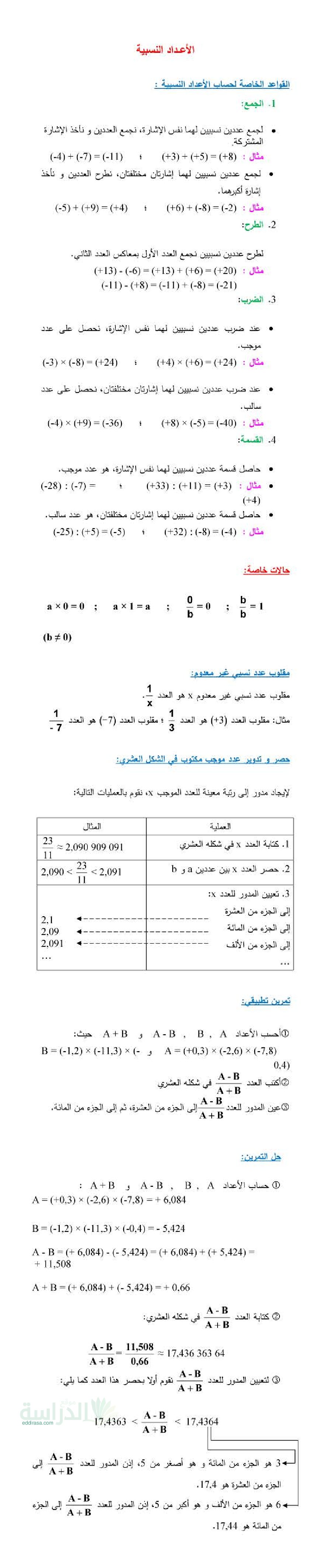 ملخص درس الأعداد النسبية في الرياضيات سنة 3 متوسط