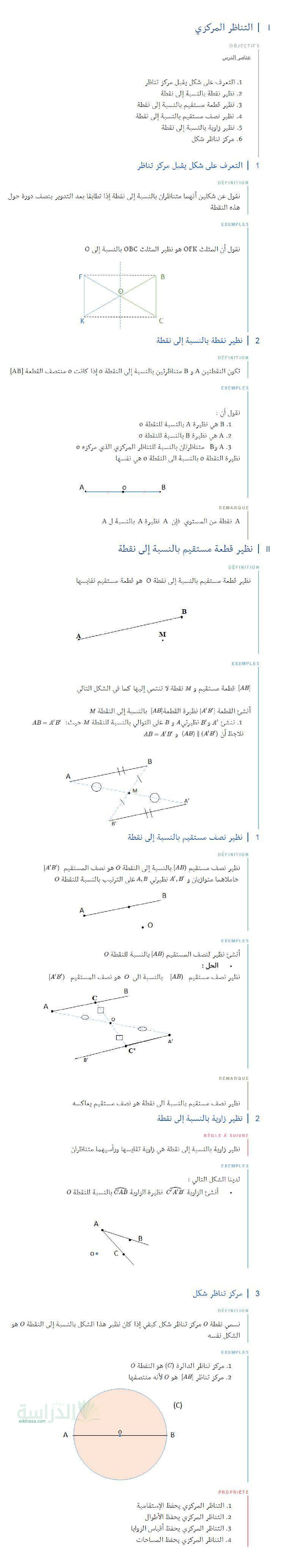 ملخص درس التناظر المركزي في الرياضيات سنة 2 متوسط