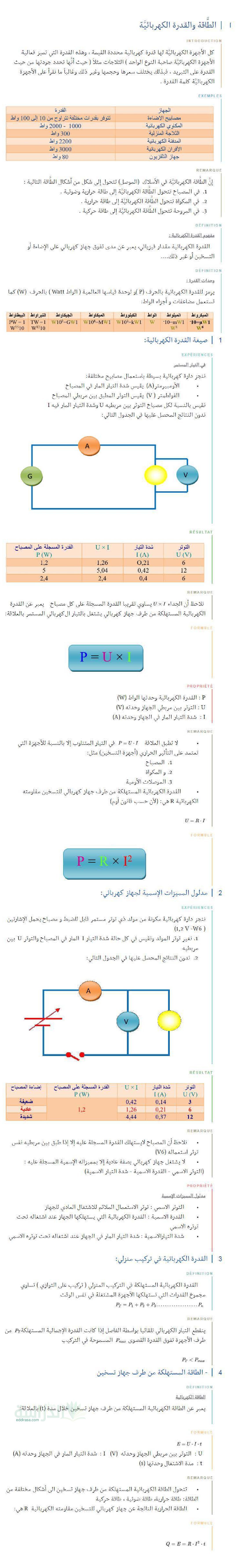 ملخص درس الطاقة الكهربائية في العلوم الفيزيائية سنة 3 متوسط