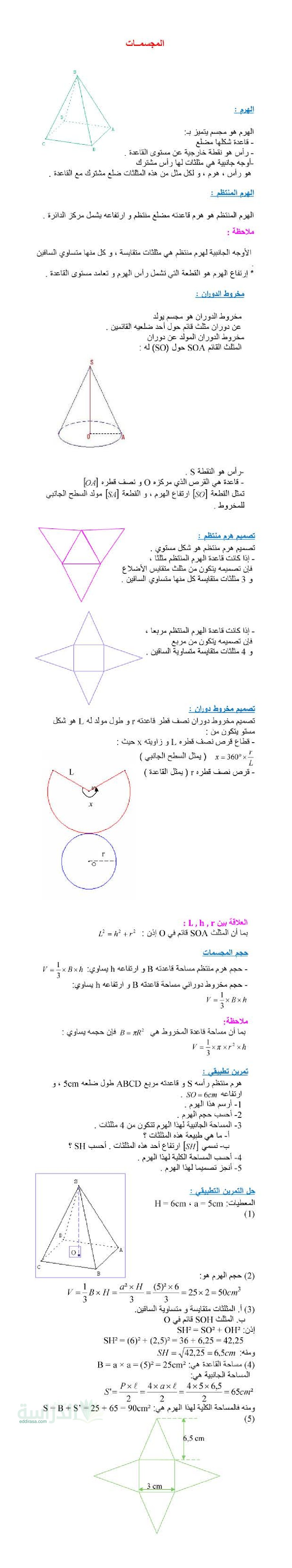 ملخص درس المجسمات في الرياضيات سنة 3 متوسط