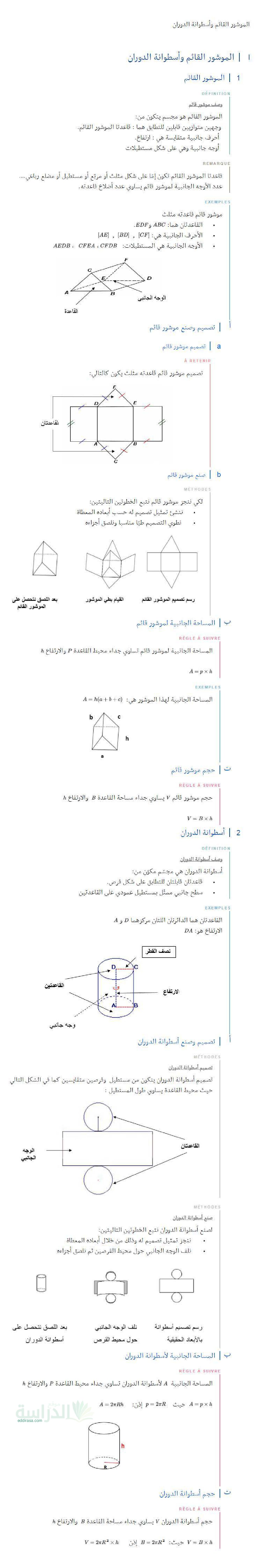 ملخص درس الموشور القائم و أسطوانة الدوران في الرياضيات سنة 2 متوسط