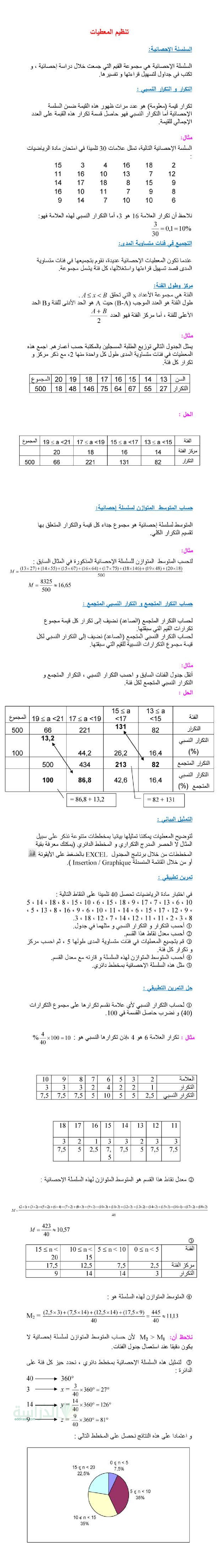 ملخص درس تنظيم المعطيات في الرياضيات سنة 3 متوسط