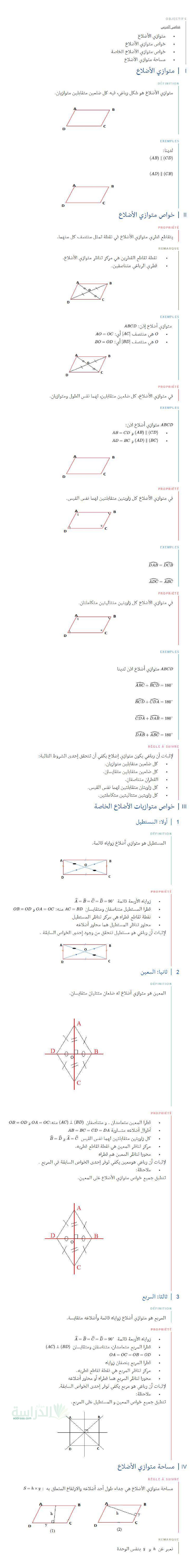 ملخص درس متوازي الأضلاع في الرياضيات سنة 2 متوسط