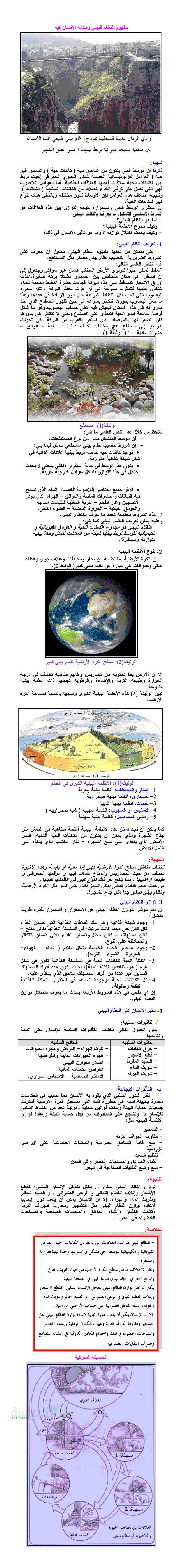 ملخص درس مفهوم النظام البيئي و مكانة الإنسان فيه في العلوم الطبيعية سنة 2 متوسط
