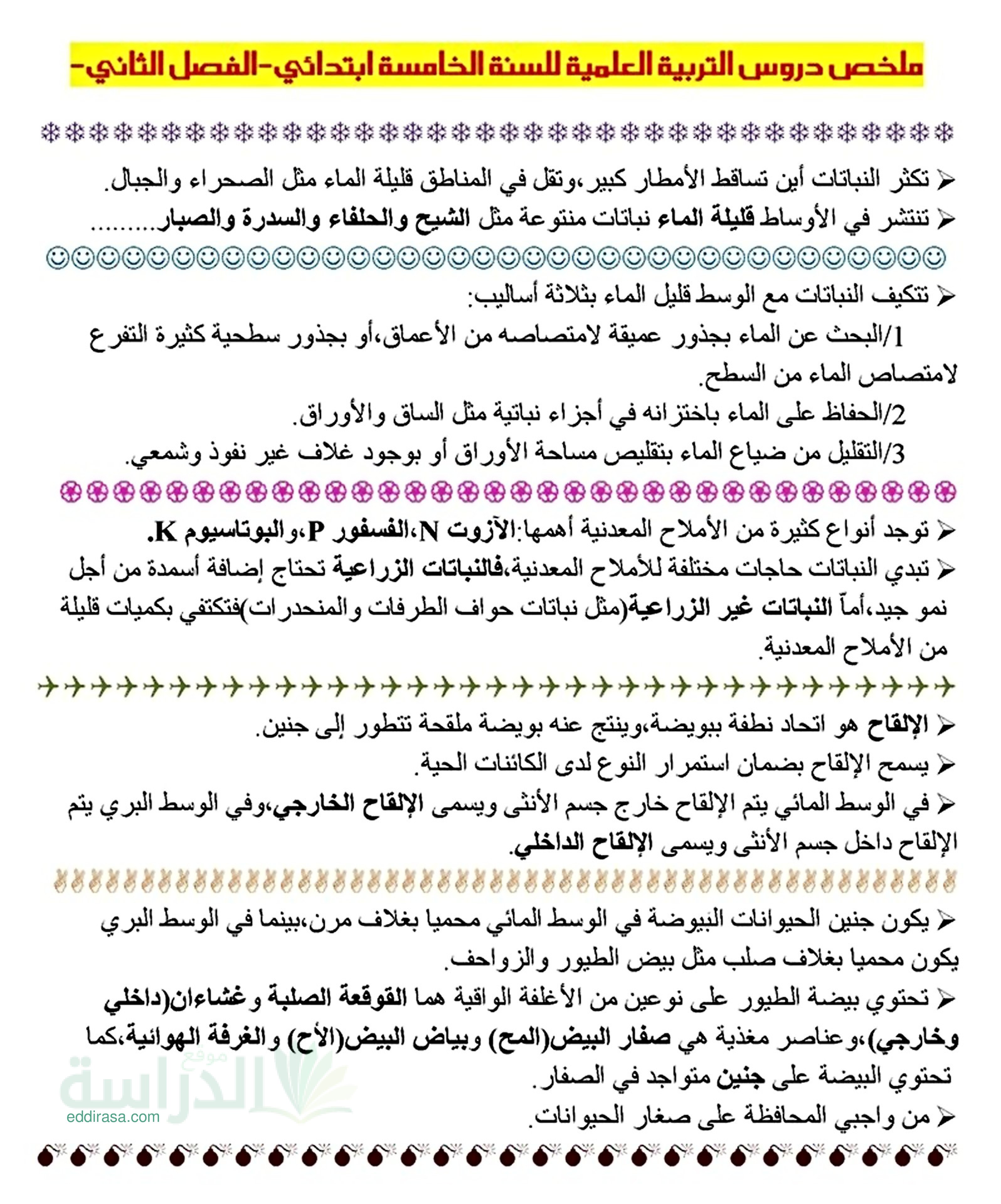 ملخص دروس الفصل 02 الثاني في مادة التربية العلمية والتكنولوجية - سنة 5 ابتدائي