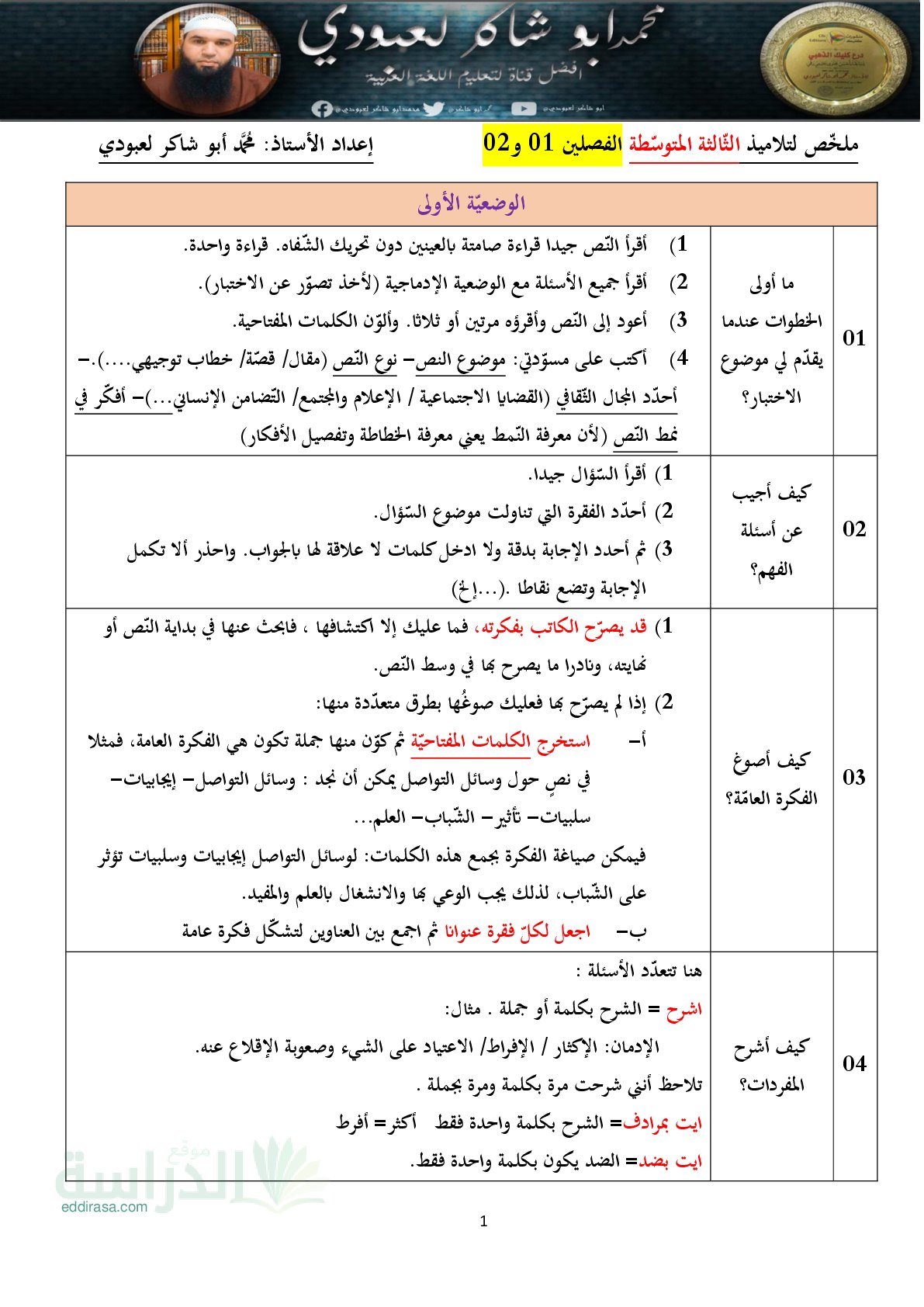 ملخص دروس اللغة العربية للفصلين الأول والثاني سنة 3 متوسط