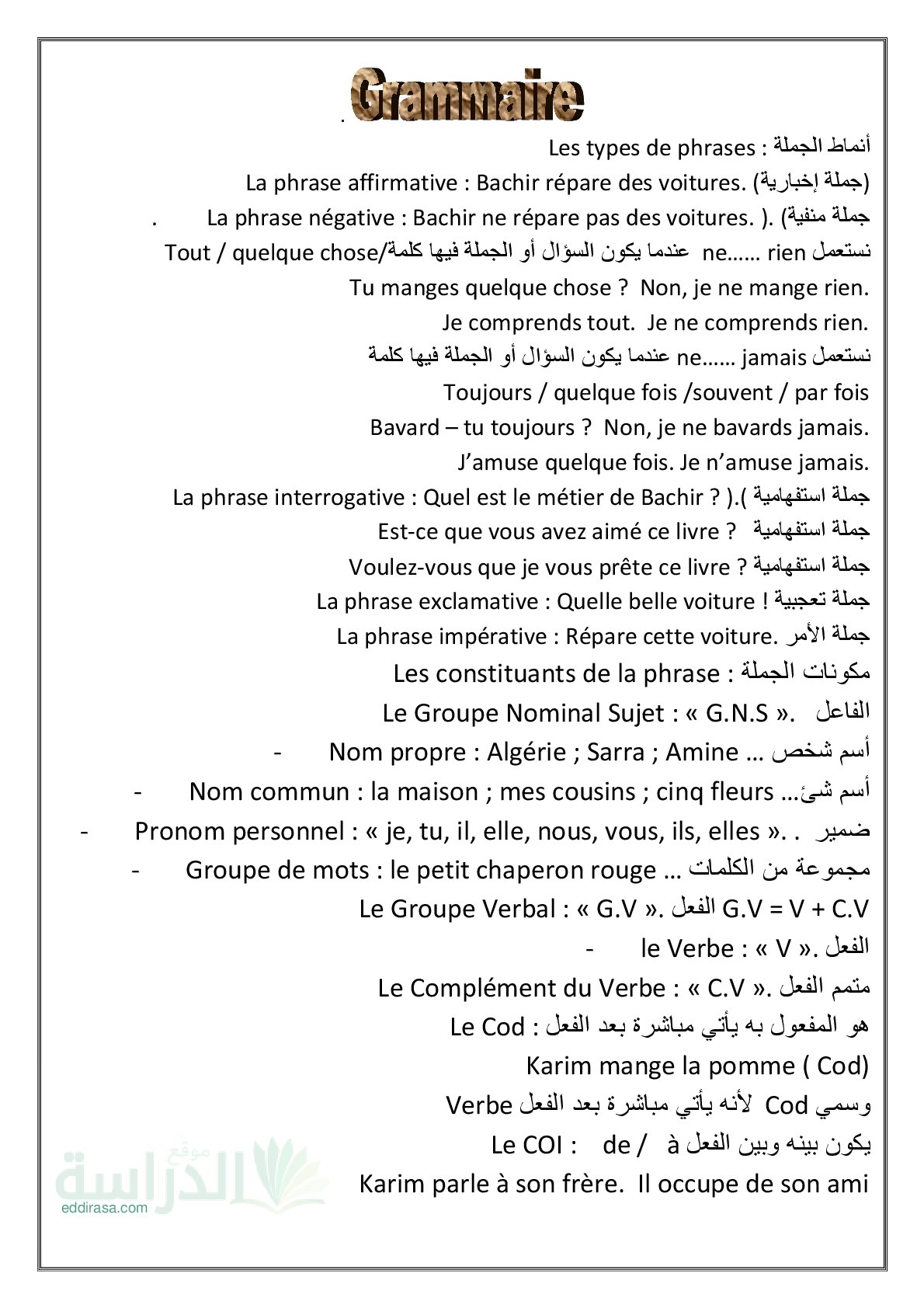 ملخص لأهم الدروس في مادة اللغة الفرنسية - سنة 5 ابتدائي