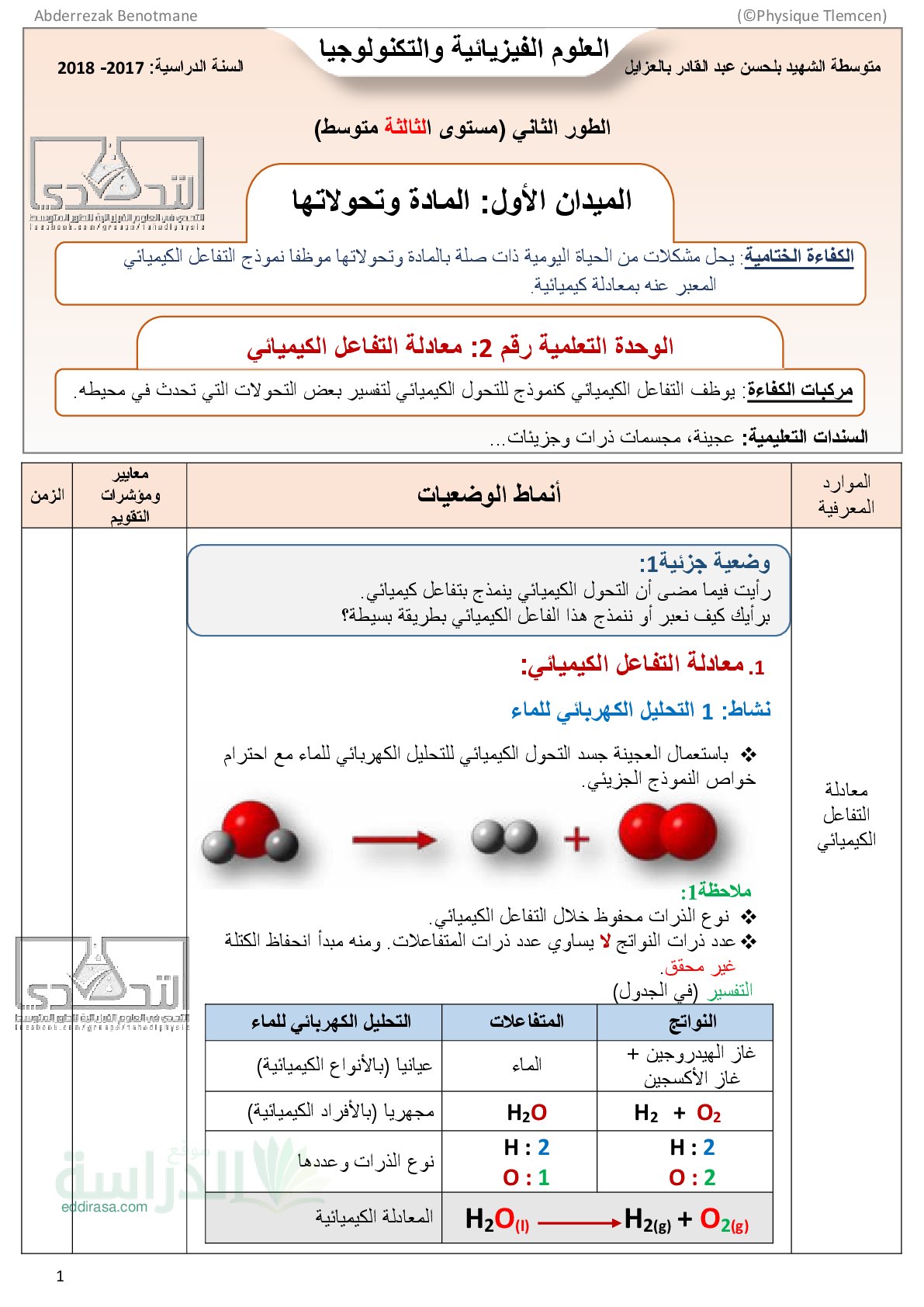 ملخص معادلة التفاعل الكيميائي سنة 3 متوسط