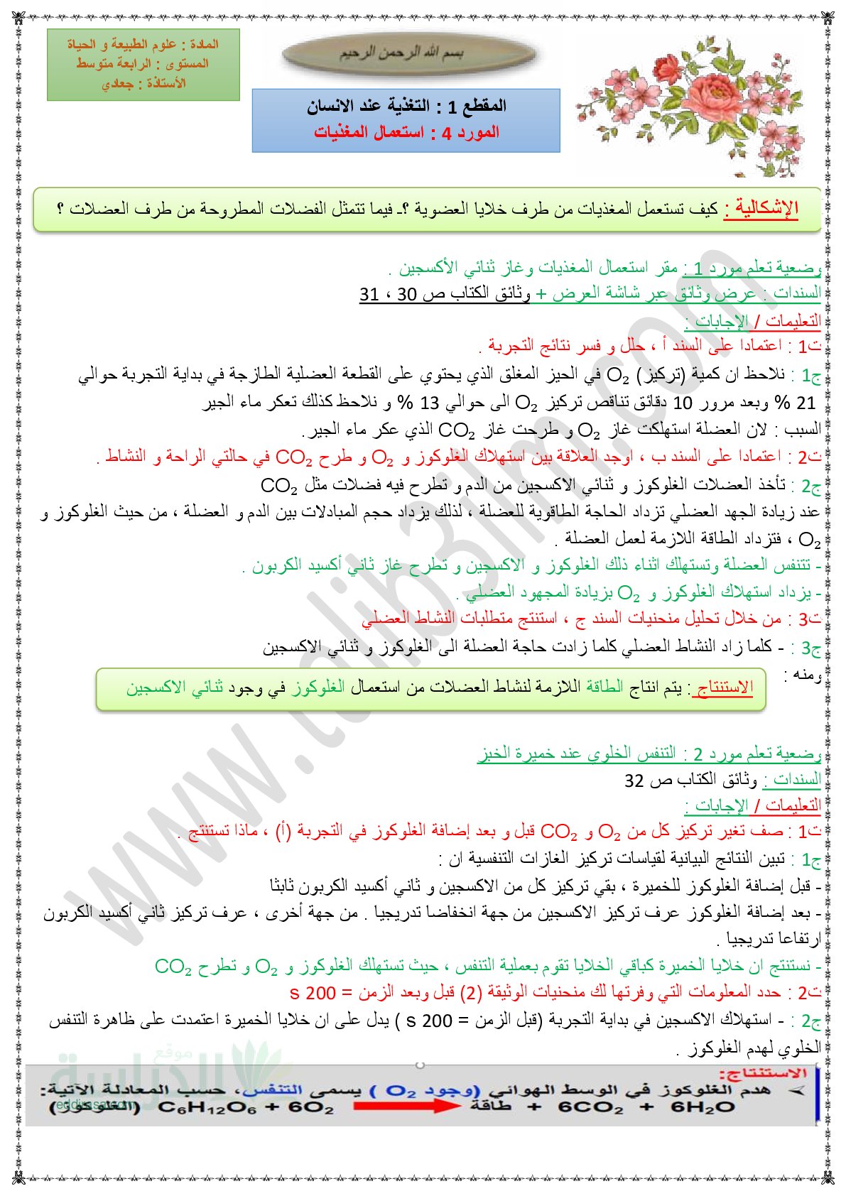 ملخص مقطع التغذية عند الإنسان - سنة 4 متوسط