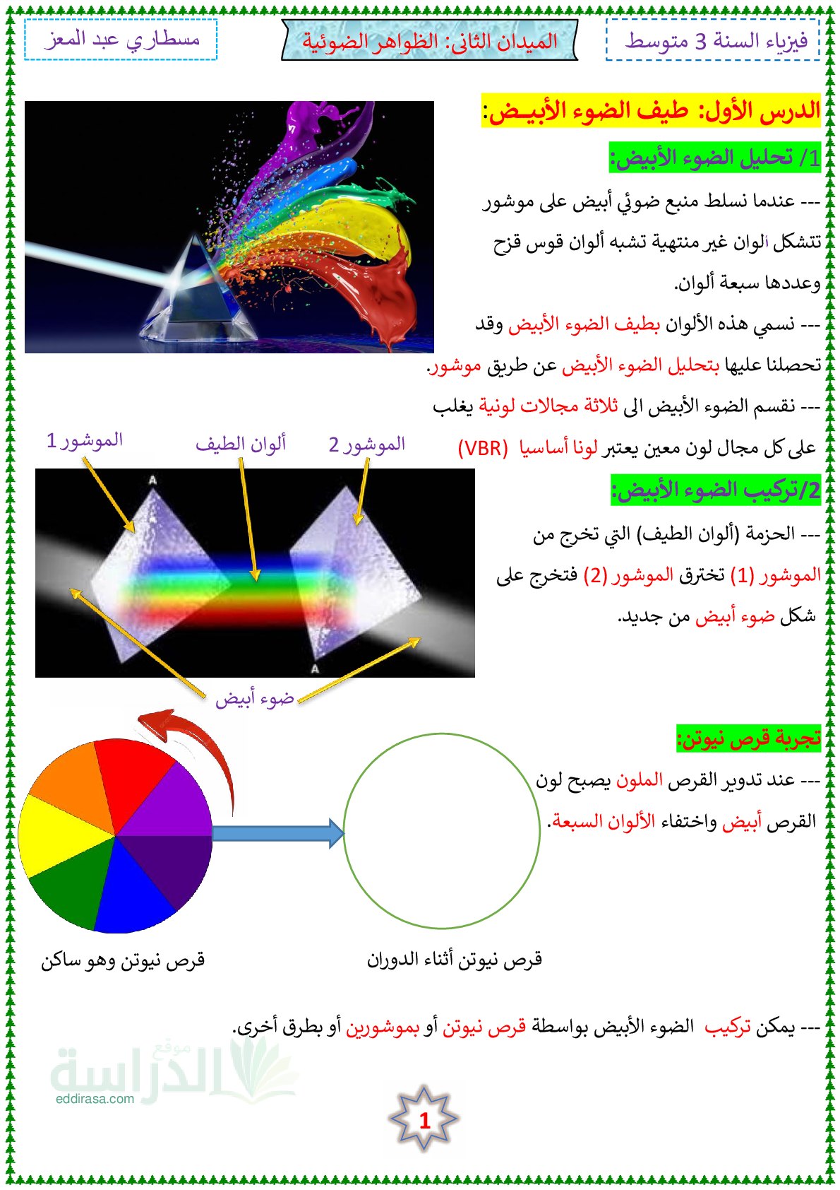 ملخص ميدان الظواهر الضوئية سنة 3 متوسط