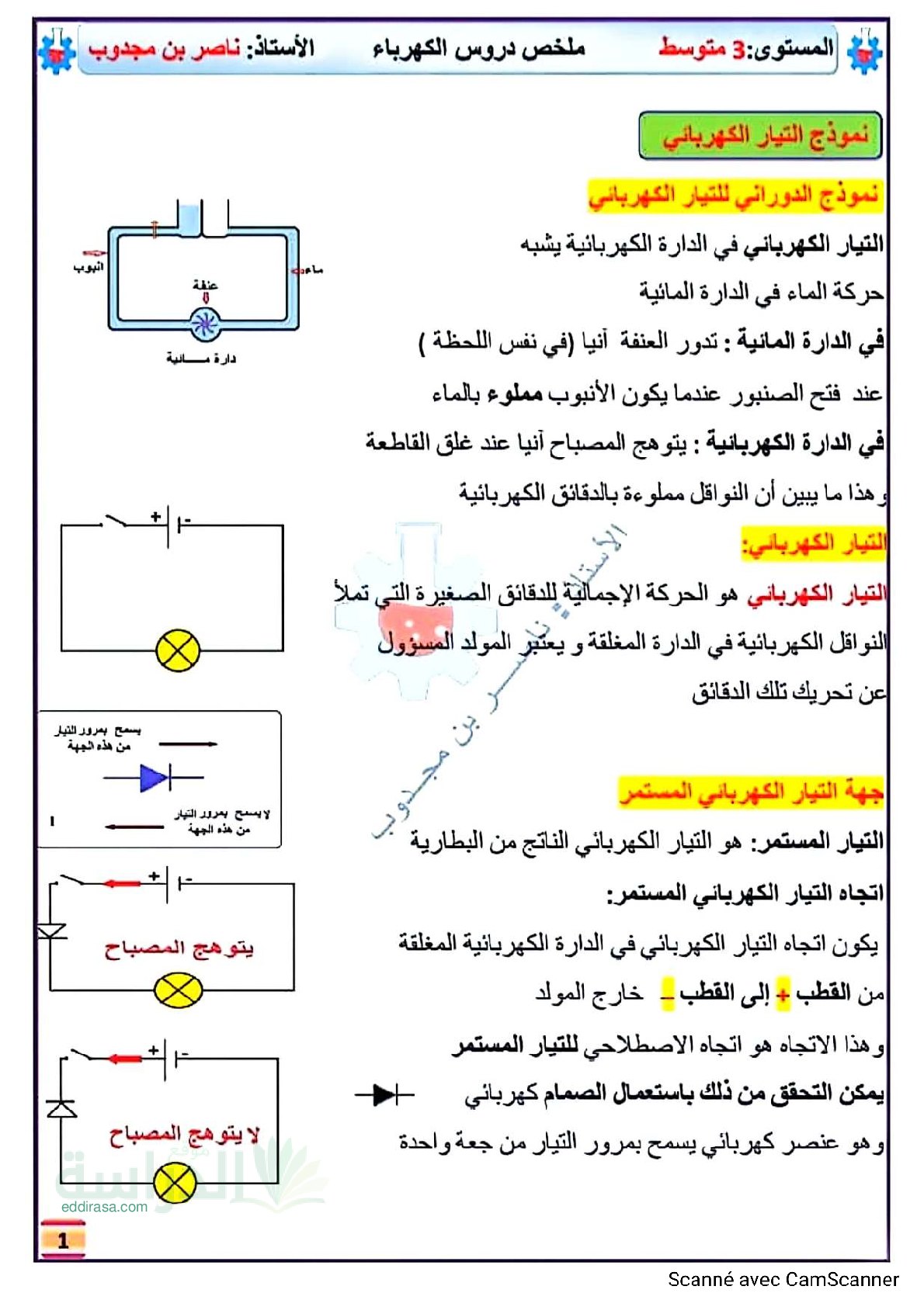 ملخص ميدان الظواهر الكهربائية سنة 3 متوسط