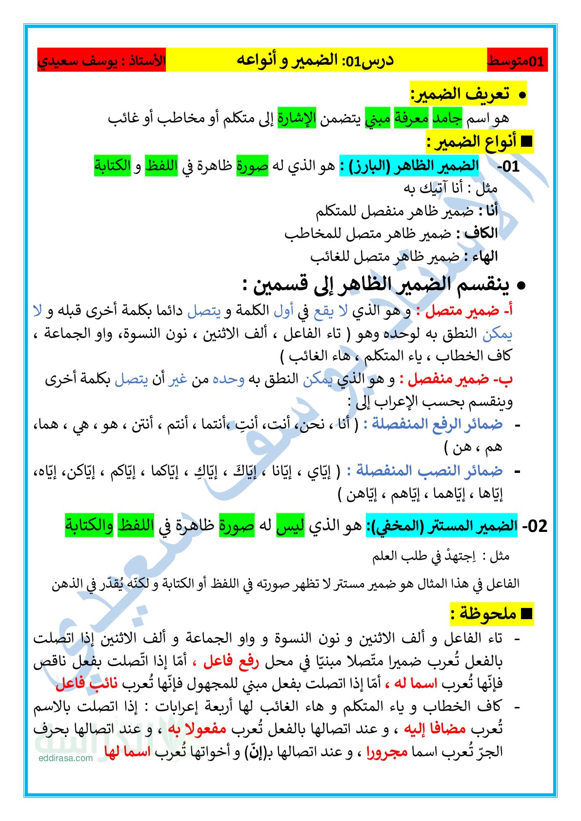 ملخص وتمارين الضمير و أنواعه سنة 1 متوسط