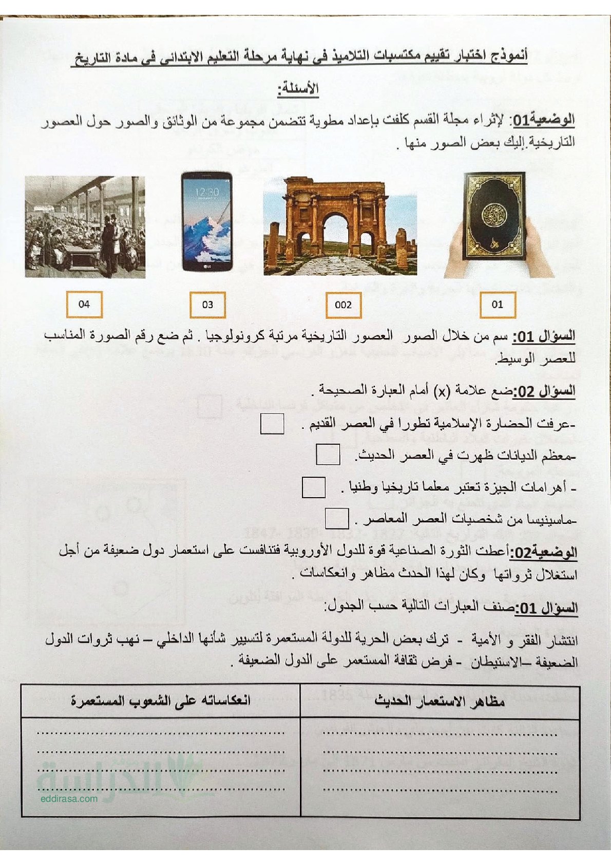 نموذج امتحان تقييم المكتسبات في التاريخ والجغرافيا السنة الخامسة ابتدائي رقم 21 مع التصحيح