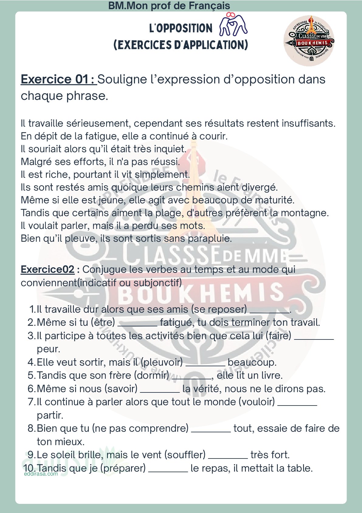 L'opposition en français تمارين تطبيقية اللغة الفرنسية سنة 4 متوسط