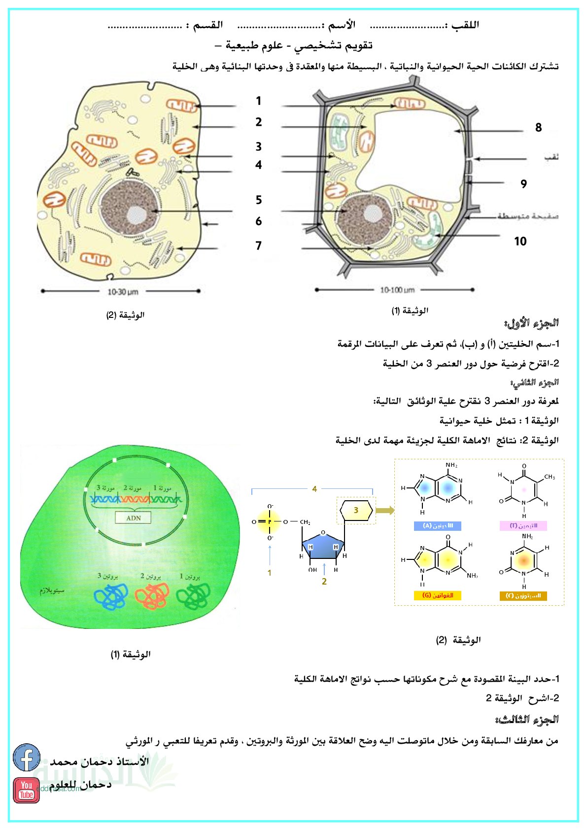 تقويم تشخيصي في العلوم الطبيعية السنة الثالثة ثانوي رقم 3