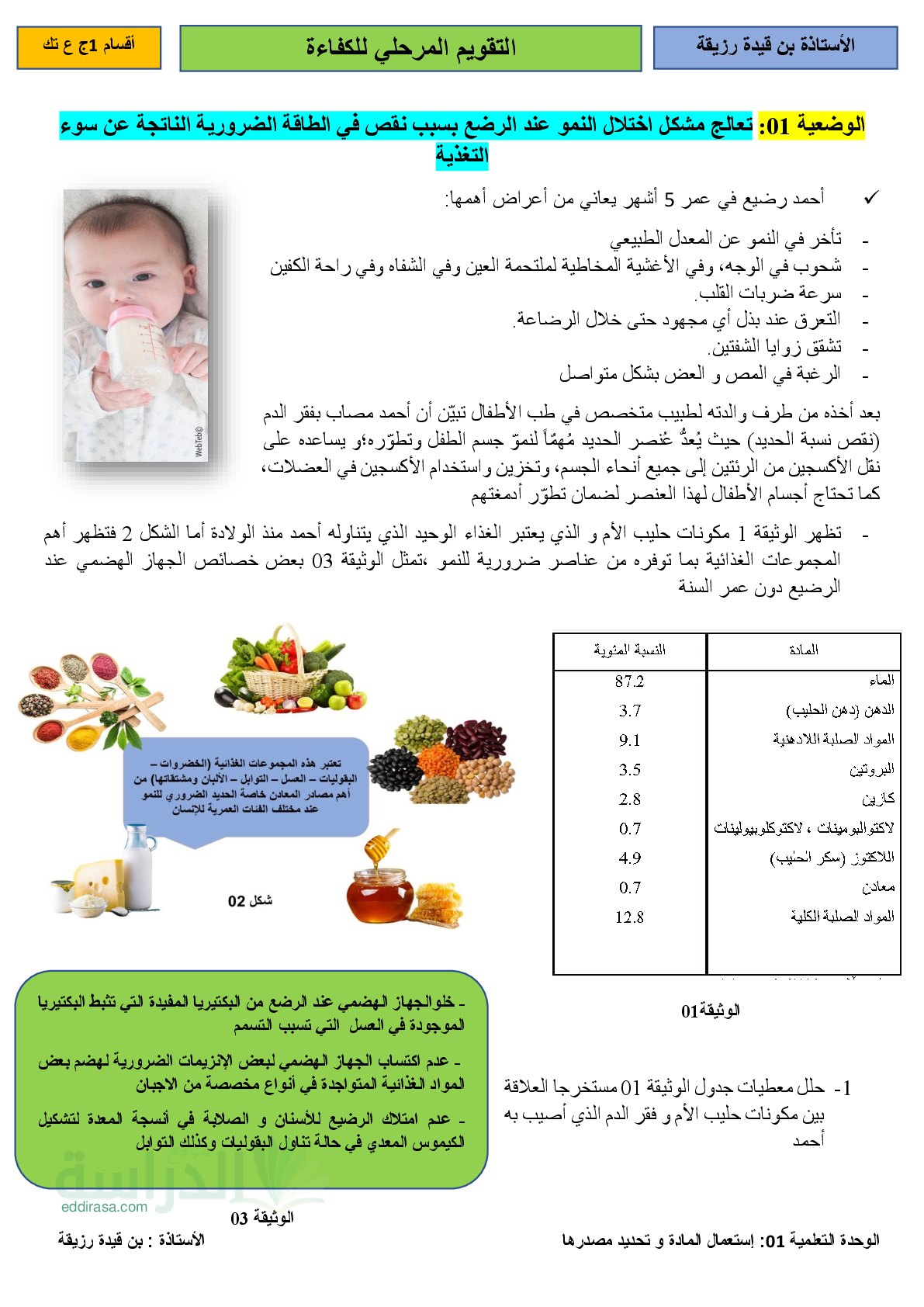 نموذج تقويم تشخيصي في العلوم الطبيعية سنة 1 ثانوي رقم 5
