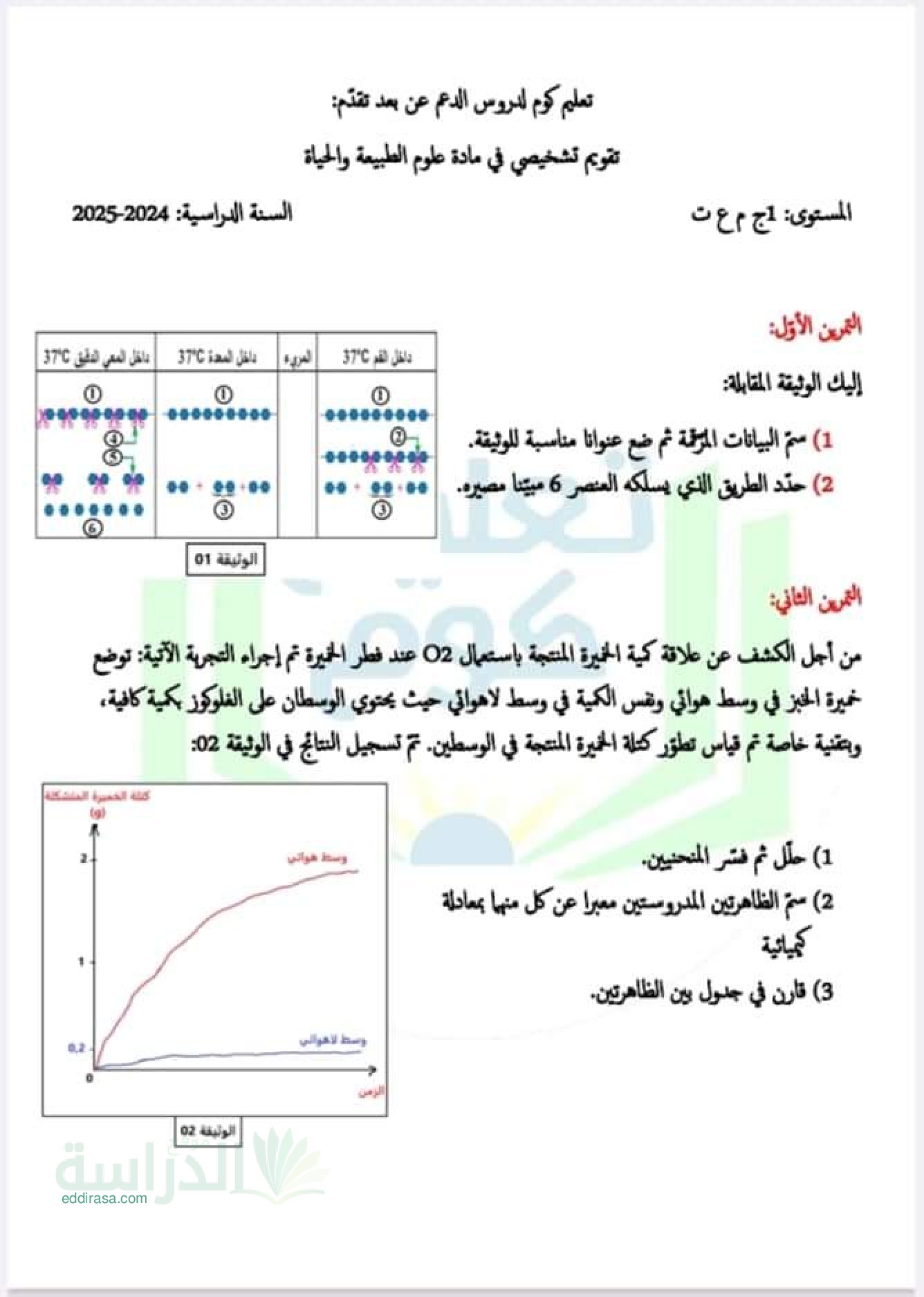 نموذج تقويم تشخيصي في العلوم الطبيعية سنة 1 ثانوي رقم 8 مع التصحيح