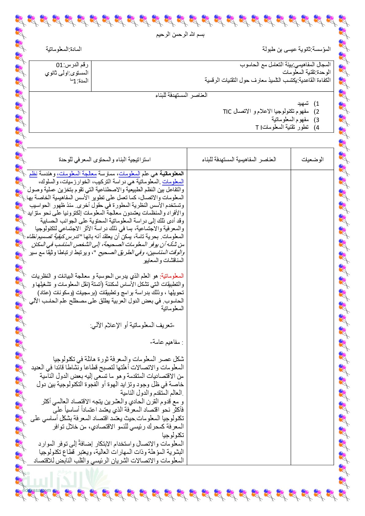 غلاف مذكرات الإعلام الآلي سنة أولى ثانوي