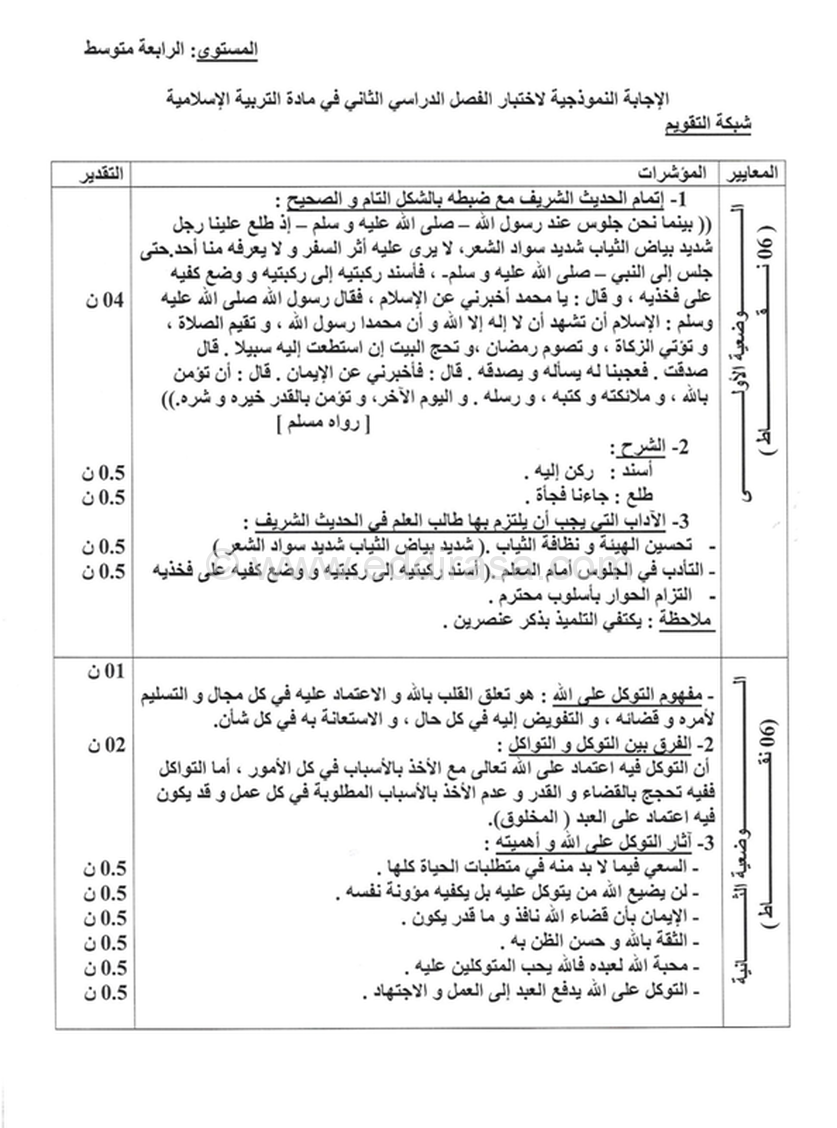 إختبار ثلاثي ثاني في التربية الإسلامية رابعة متوسط 11 مع ...