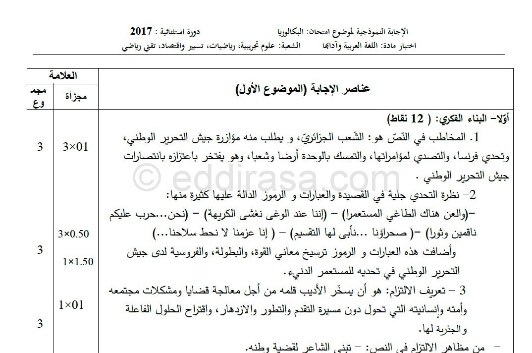 تصحيح بكالوريا 2017 الاستثنائية – اختبار اللغة العربية الشعب العلمية