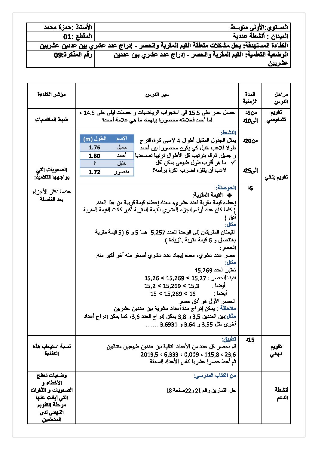 القيم المقربة والحصر - إدراج عدد عشري بين عددين عشريين رياضيات أولى متوسط