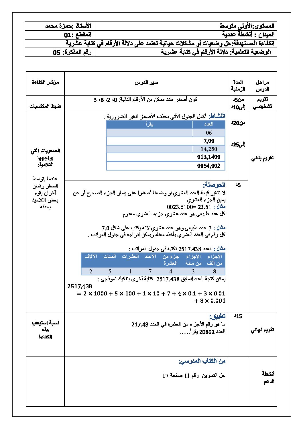 دلالة الأرقام في كتابة عشرية رياضيات أولى متوسط