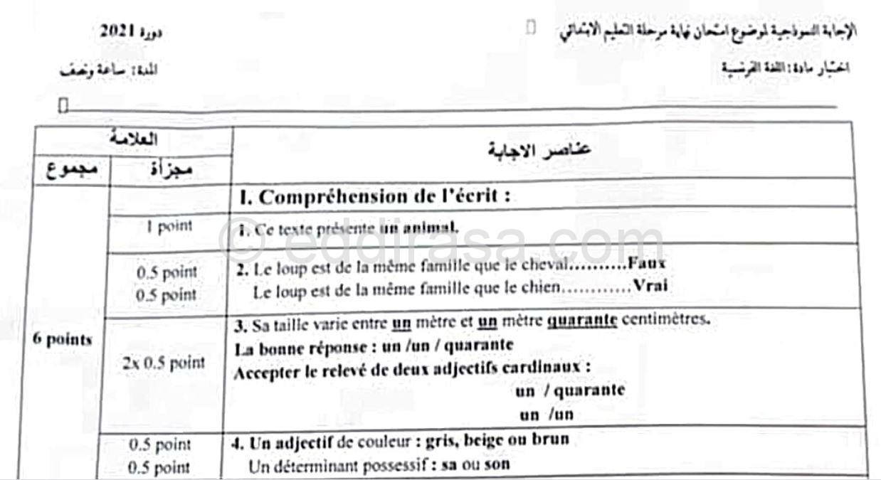 تصحيح موضوع اللغة الفرنسية شهادة التعليم الابتدائي 2021