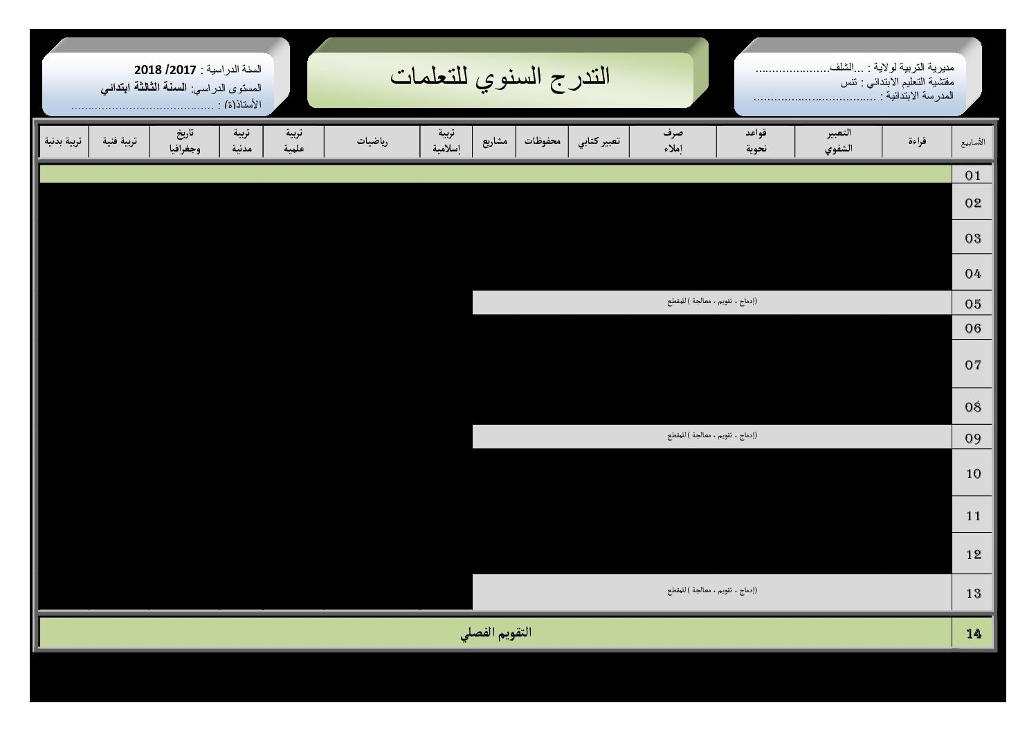 التدرج السنوي للتعلمات سنة ثالثة ابتدائي الجيل الثاني